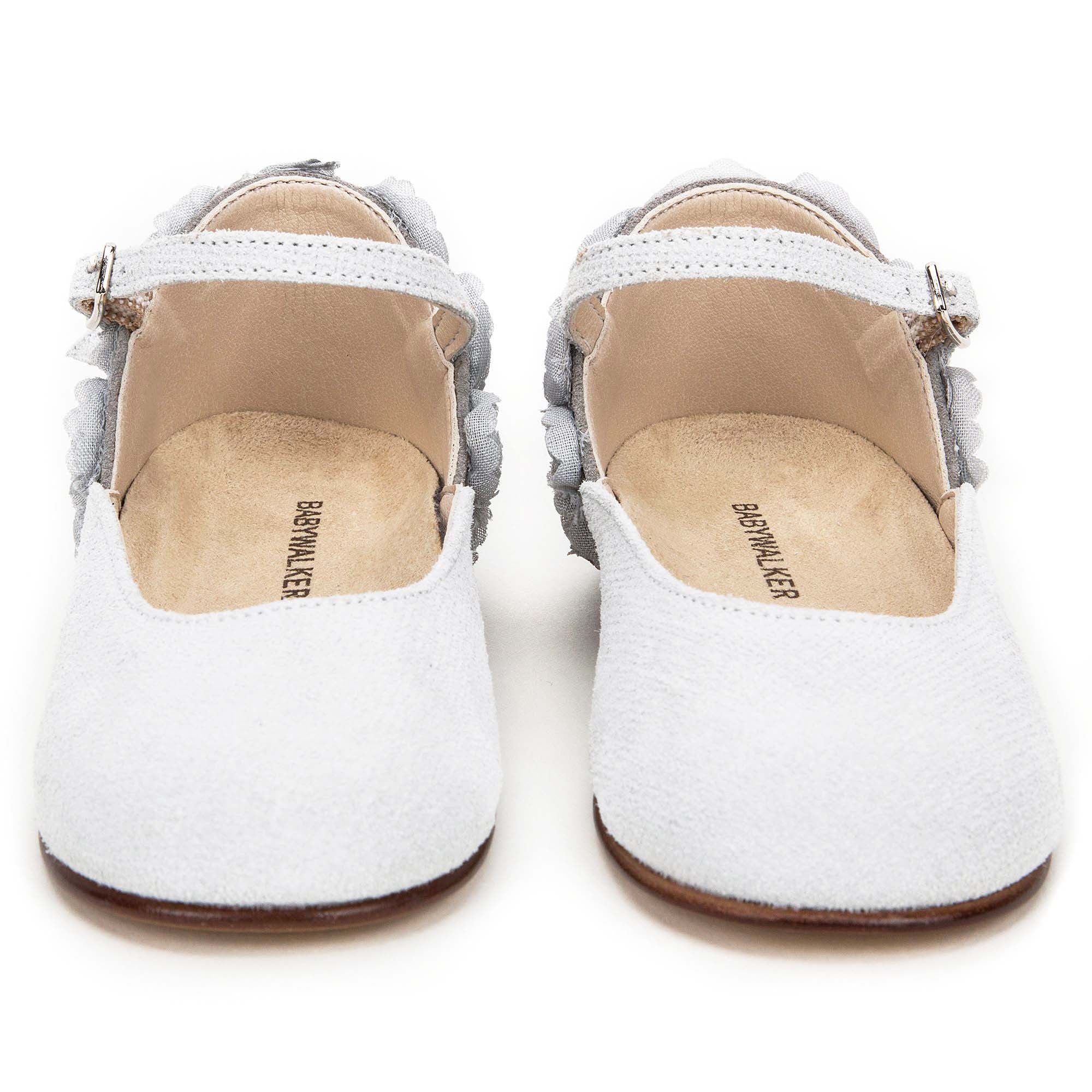 Girls Grey Chiffon Flowers Embellished Heel Leather Ballerinas