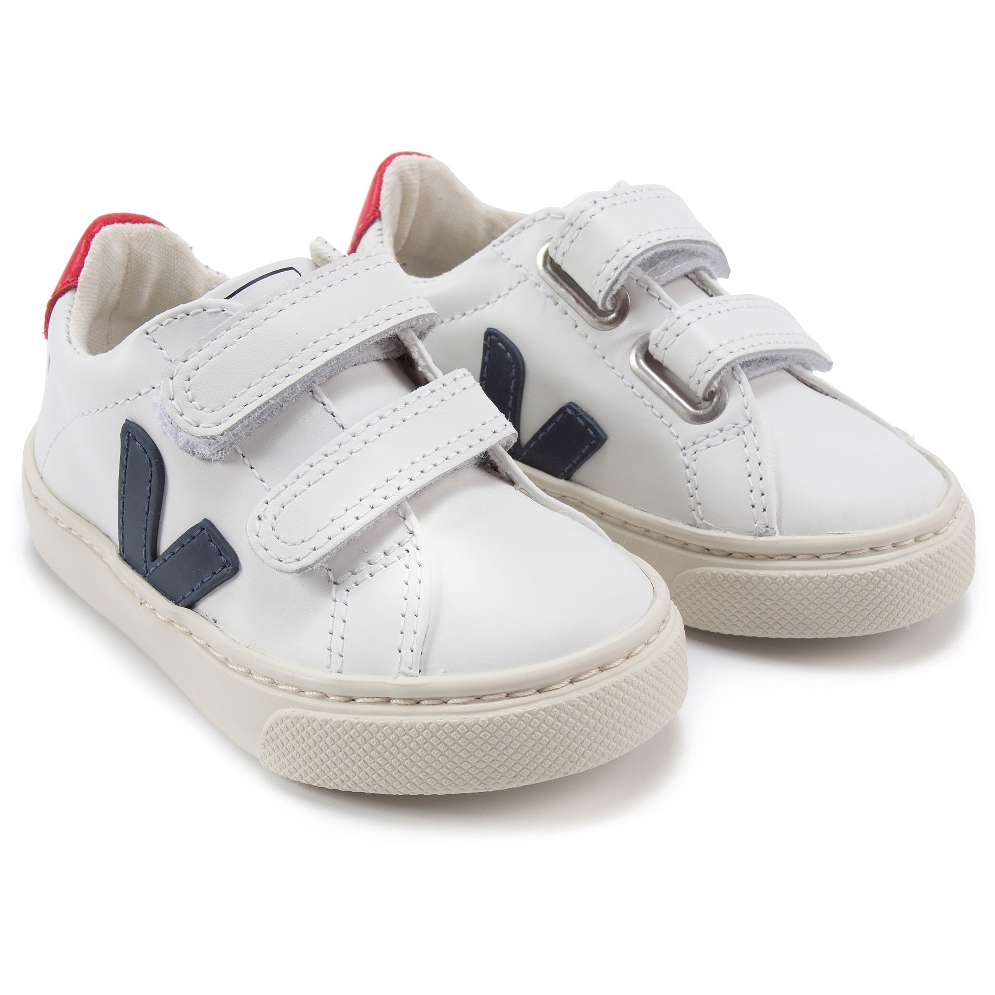 Girls & Boys White Leather Velcro With Blue "V" Shoes