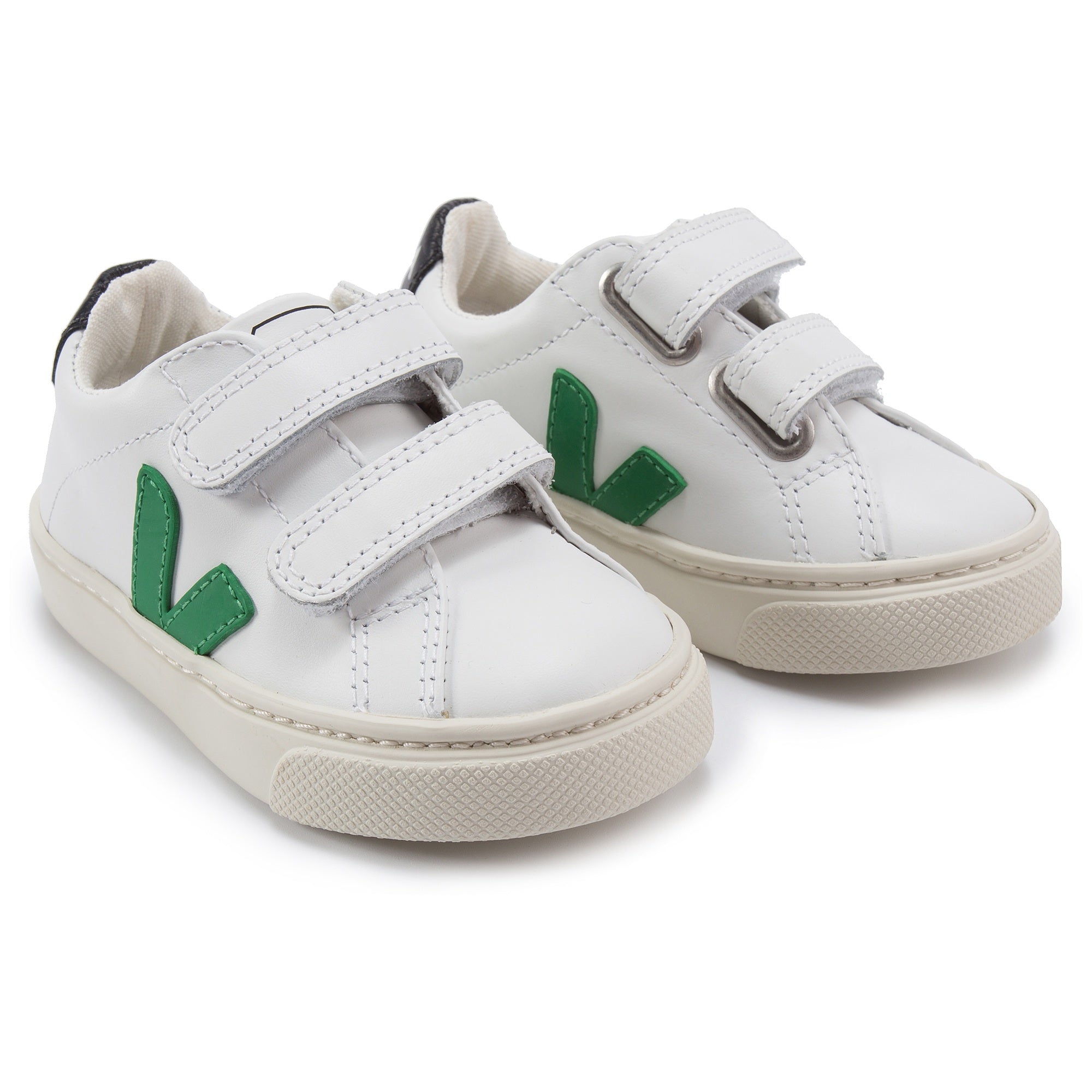 Girls & Boys White Leather Velcro With Green "V" Shoes