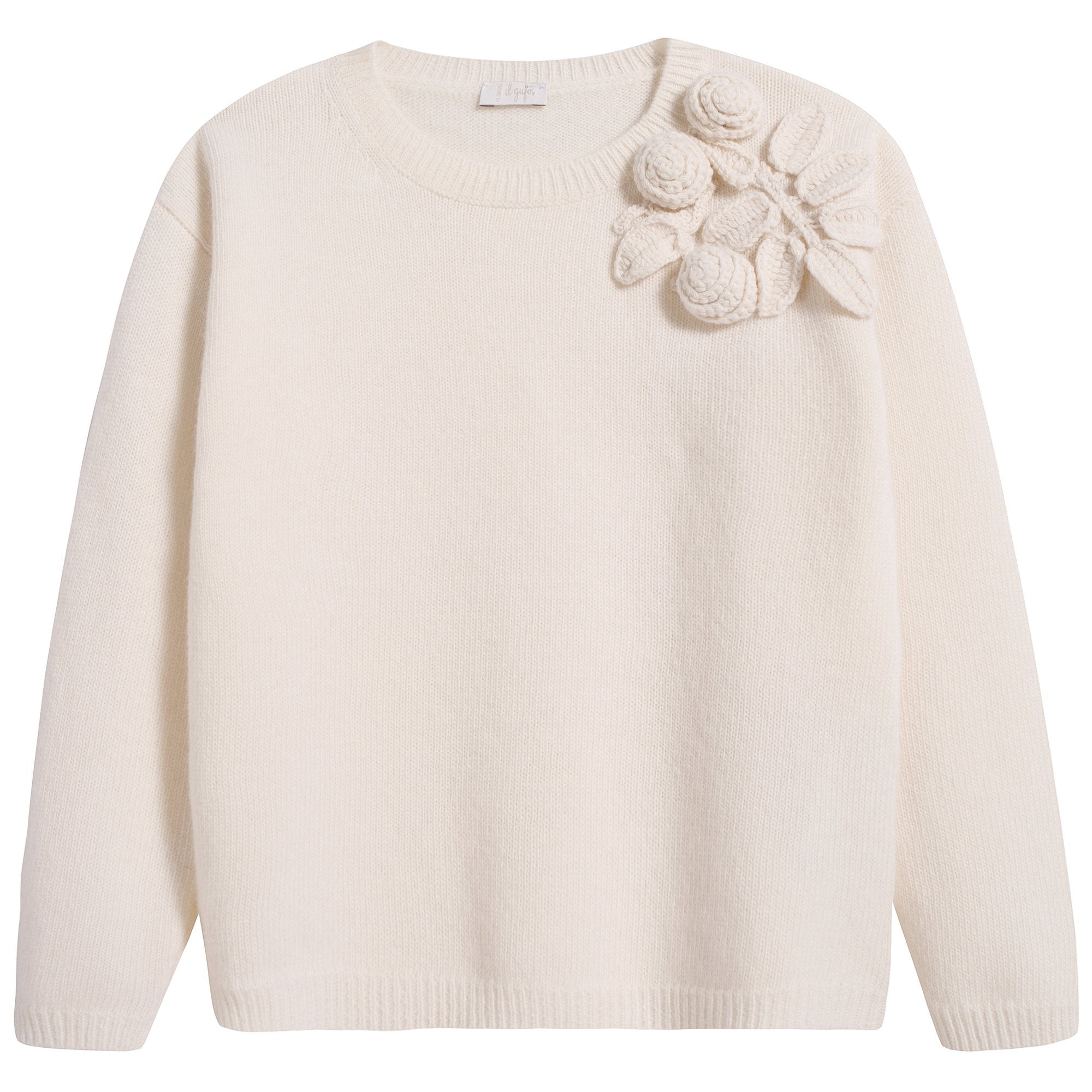 Girls White Embroidered Wool Sweater