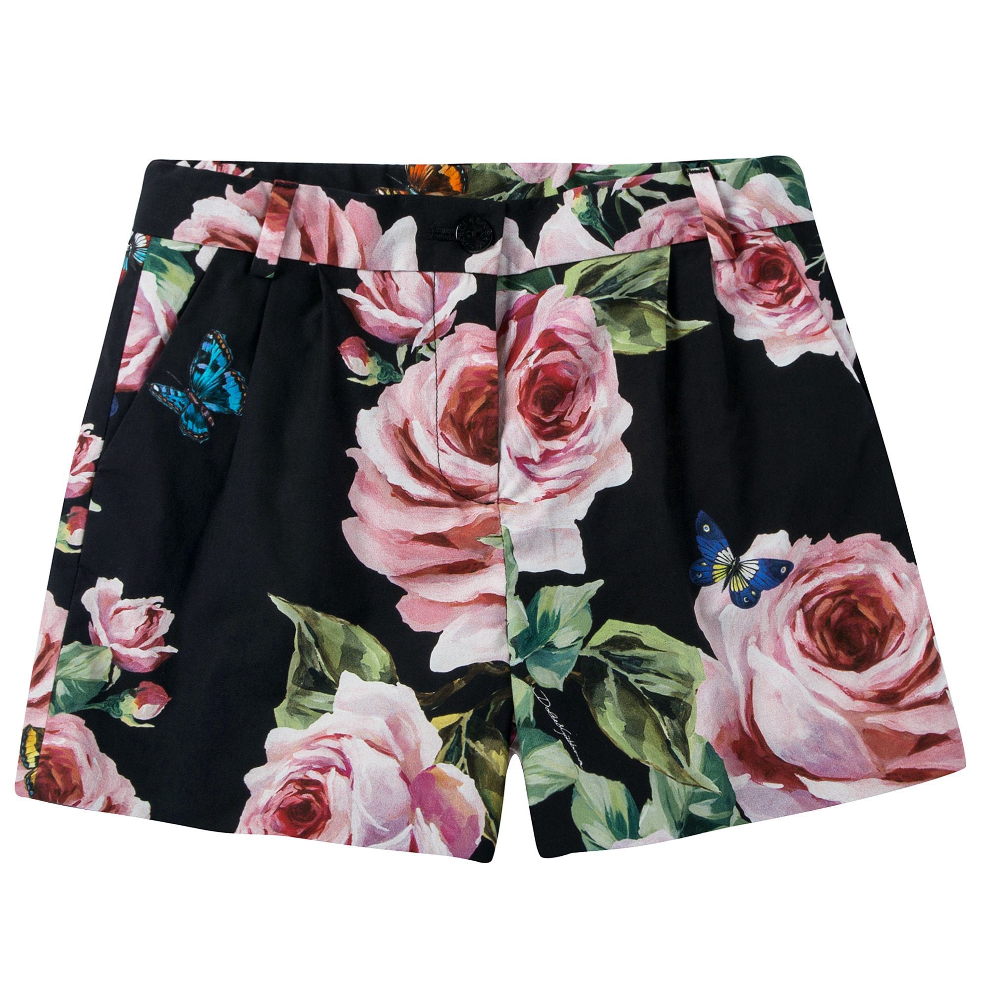 Girls Black Rose Cotton Shorts