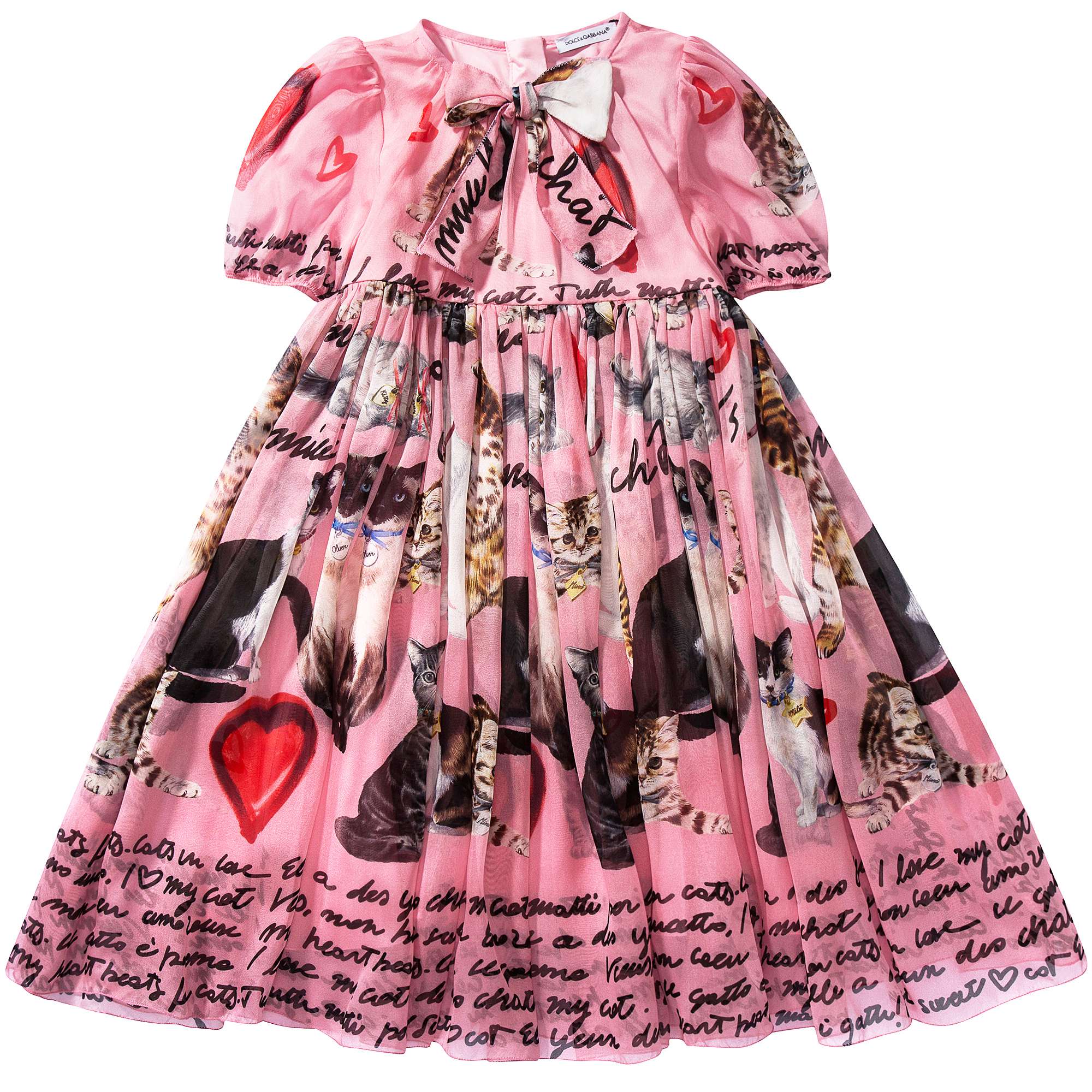 Baby Girls Pink Cat Printed Silk Dress