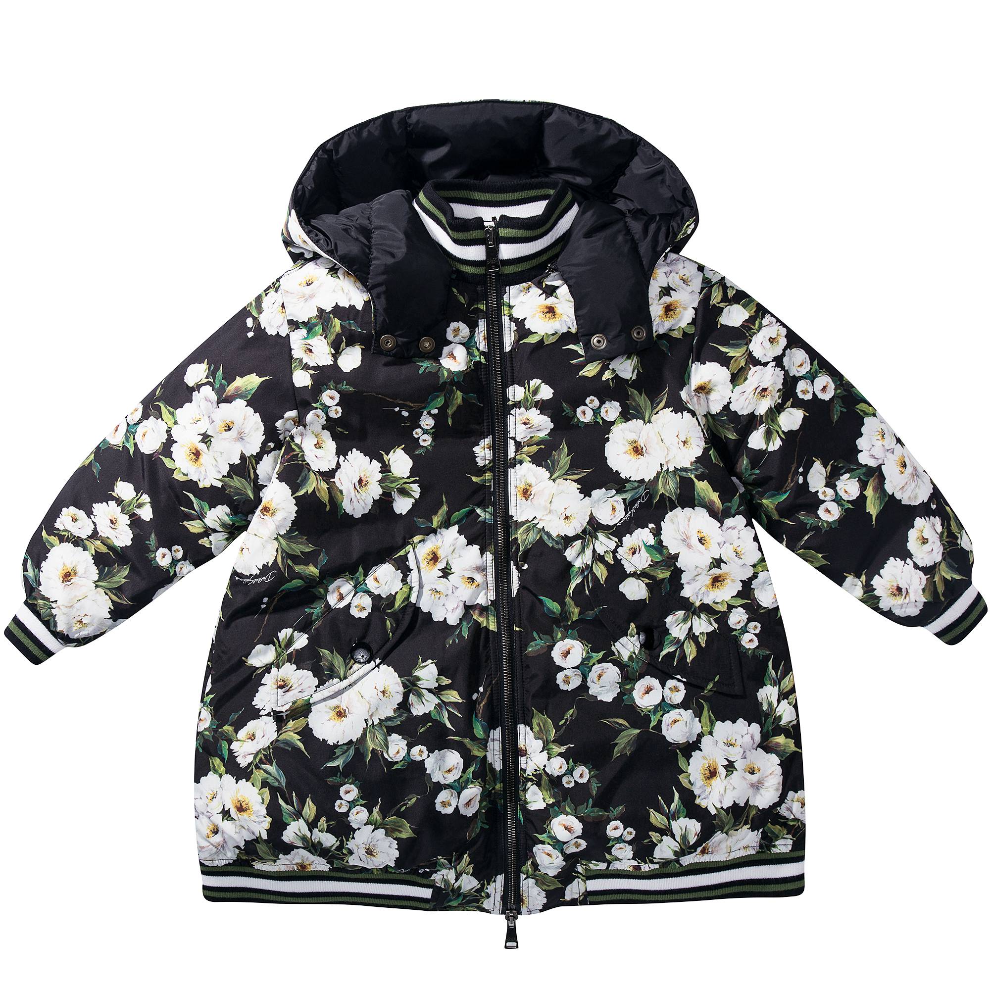 Girls Black Rose Print Down Filled Coat