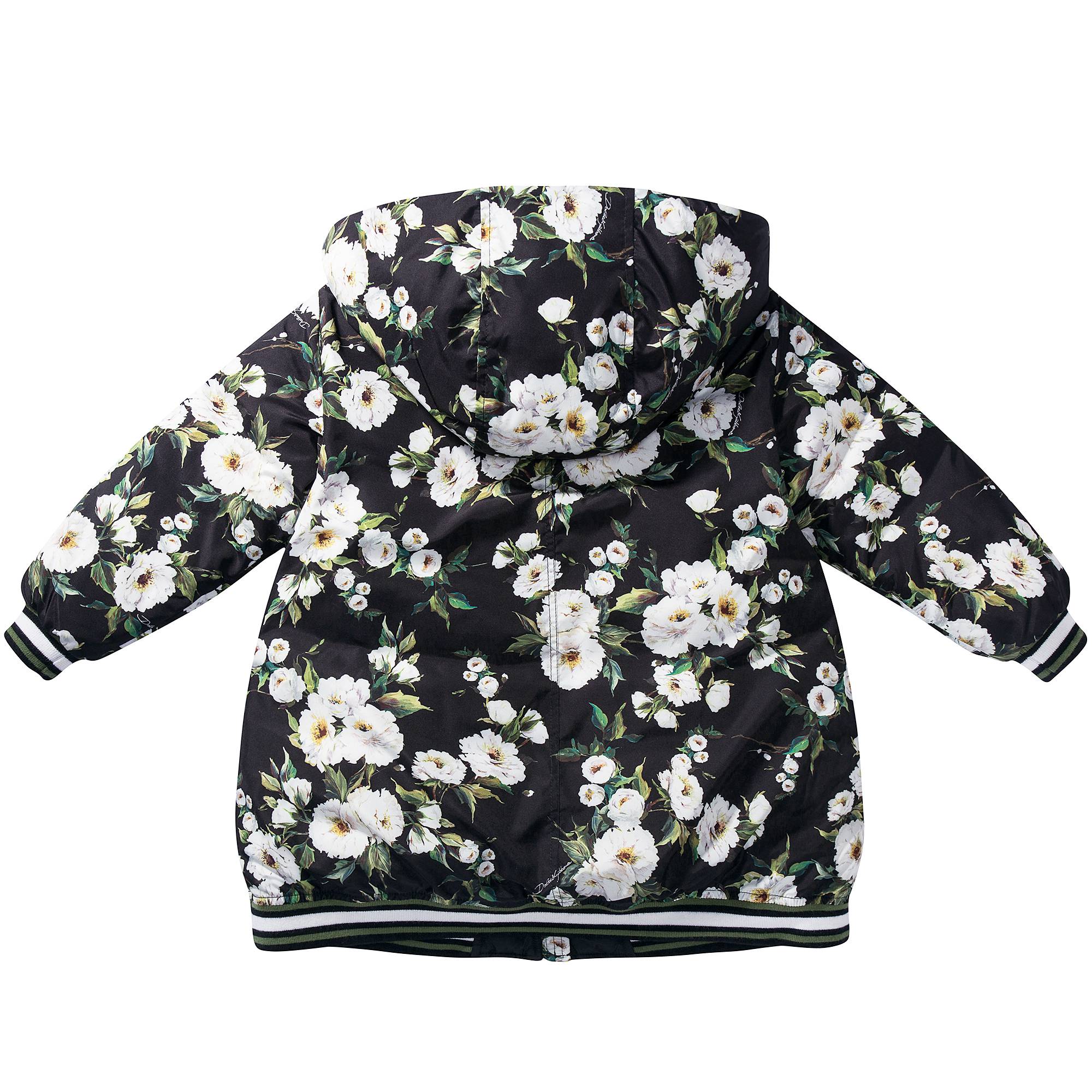 Girls Black Rose Print Down Filled Coat