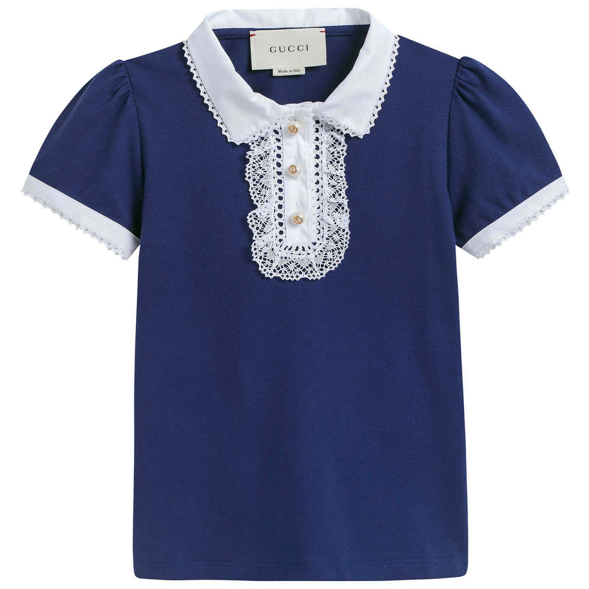 Girls Blue Cotton Piqué Top with Lace