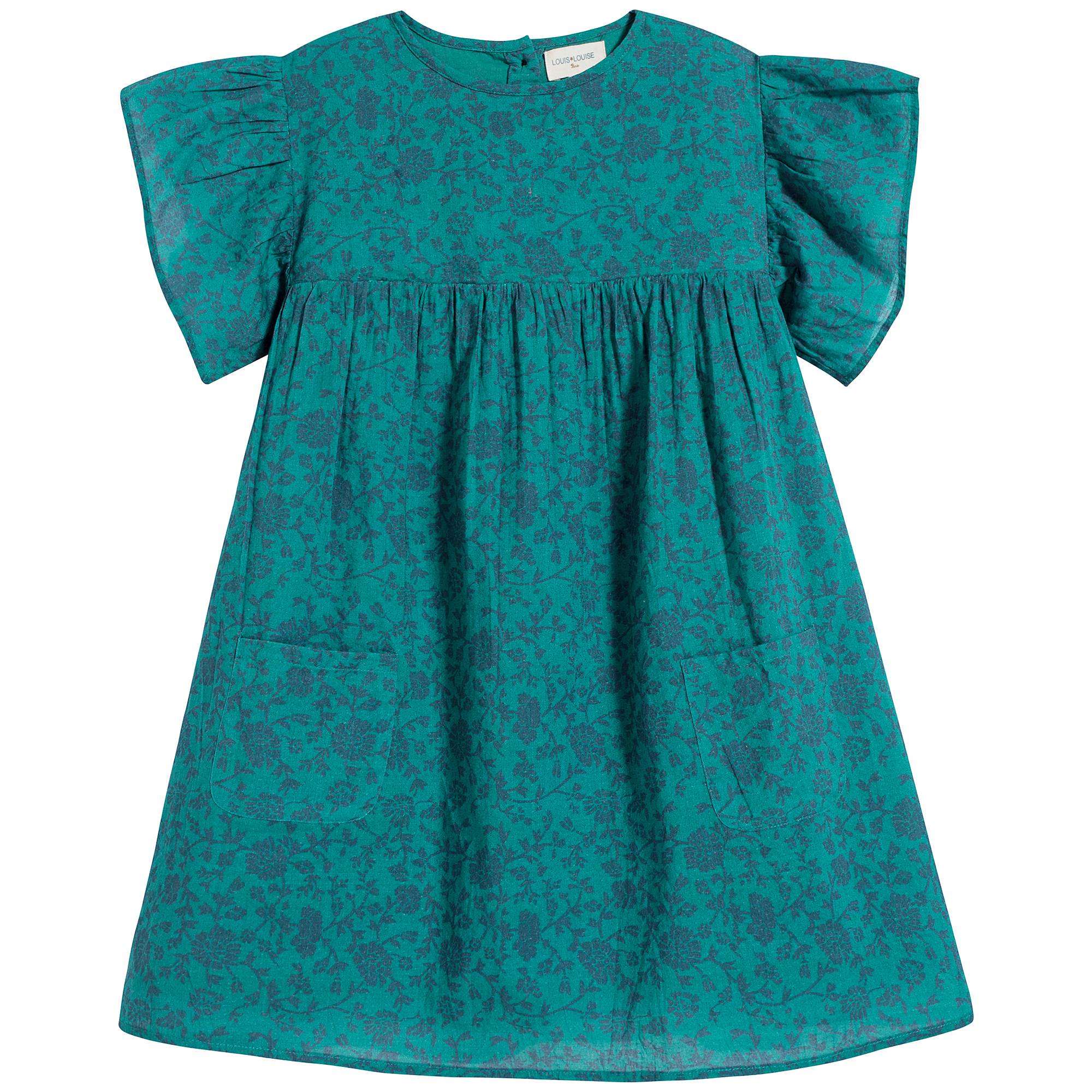 Girls Green Floral Cotton Dress