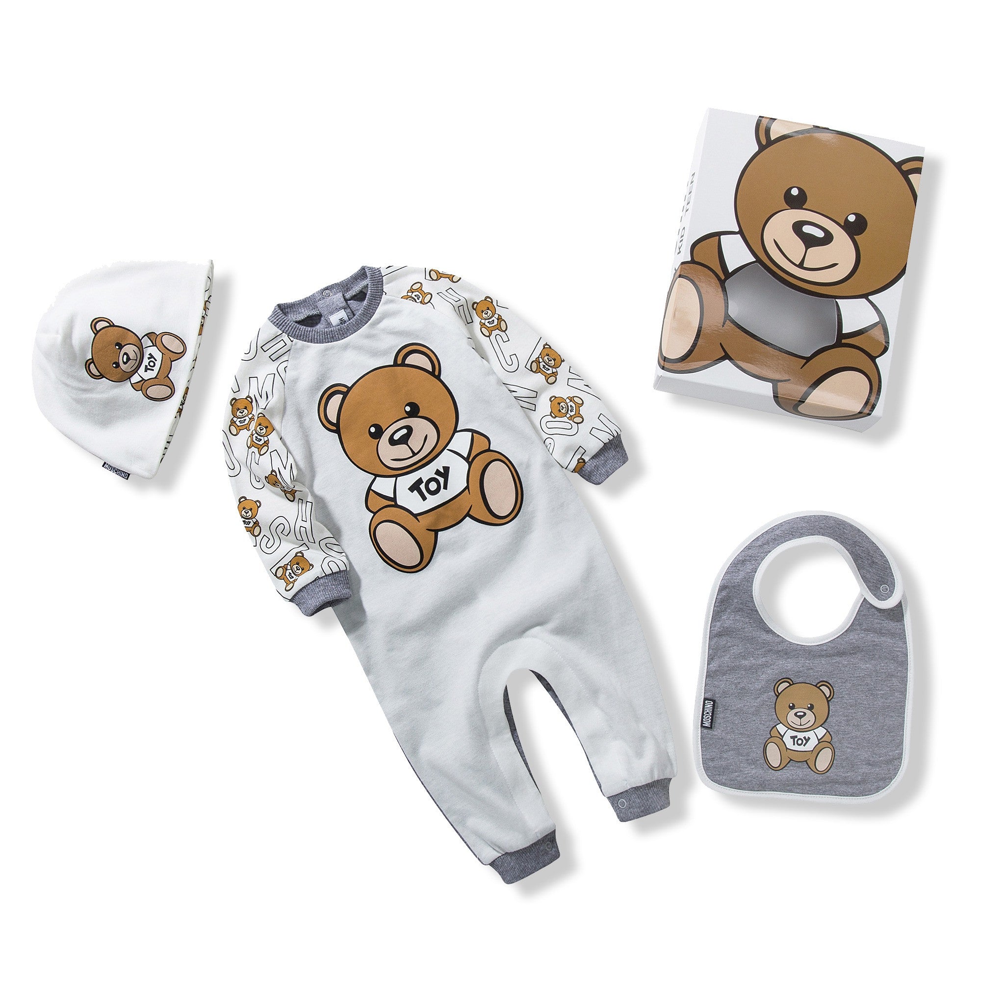 Baby White & Grey Toy Printed Babygrow 3 Piece Set