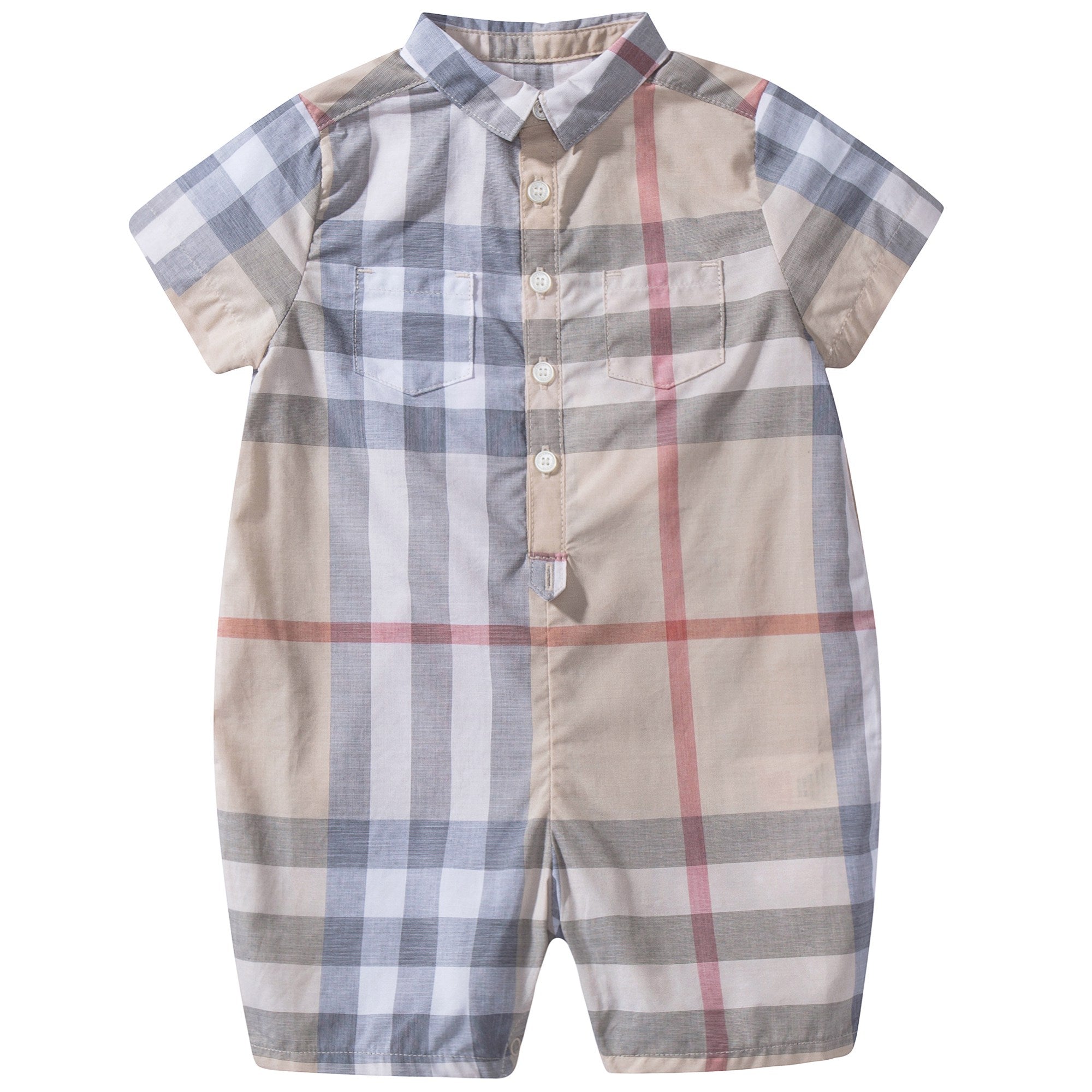 Baby Beige Checked Cotton Romper
