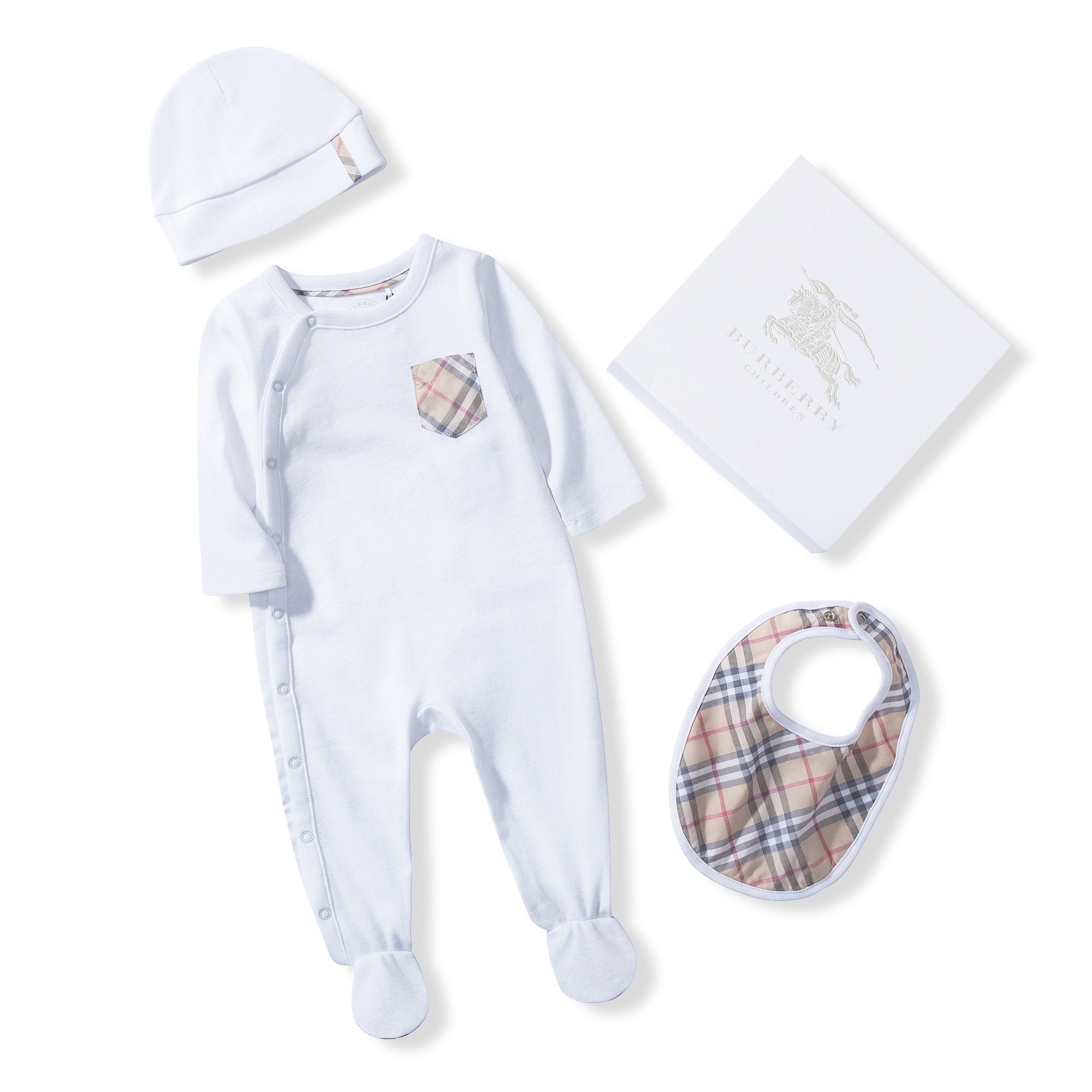 Baby White Pale Classic Check Cotton Three-piece Gift Set