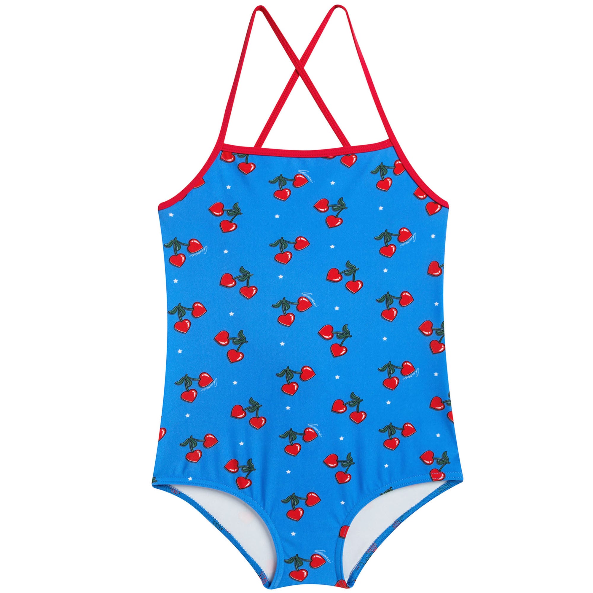 Girls Blue Heart Cherry Printed Swimsuit