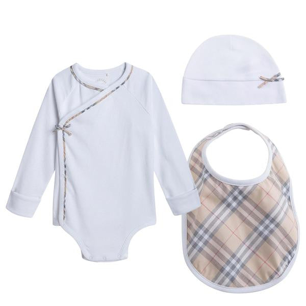 Baby White Check Cotton Three-piece Gift Set
