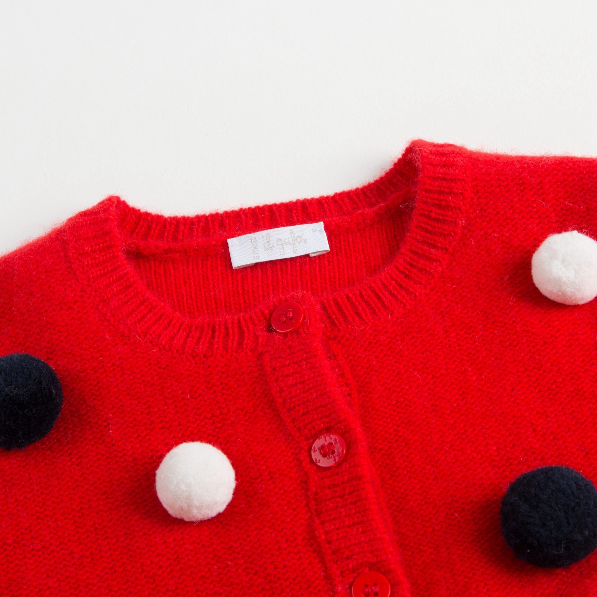 Girls Red Wool Cardigan With Pom-Pom Trims