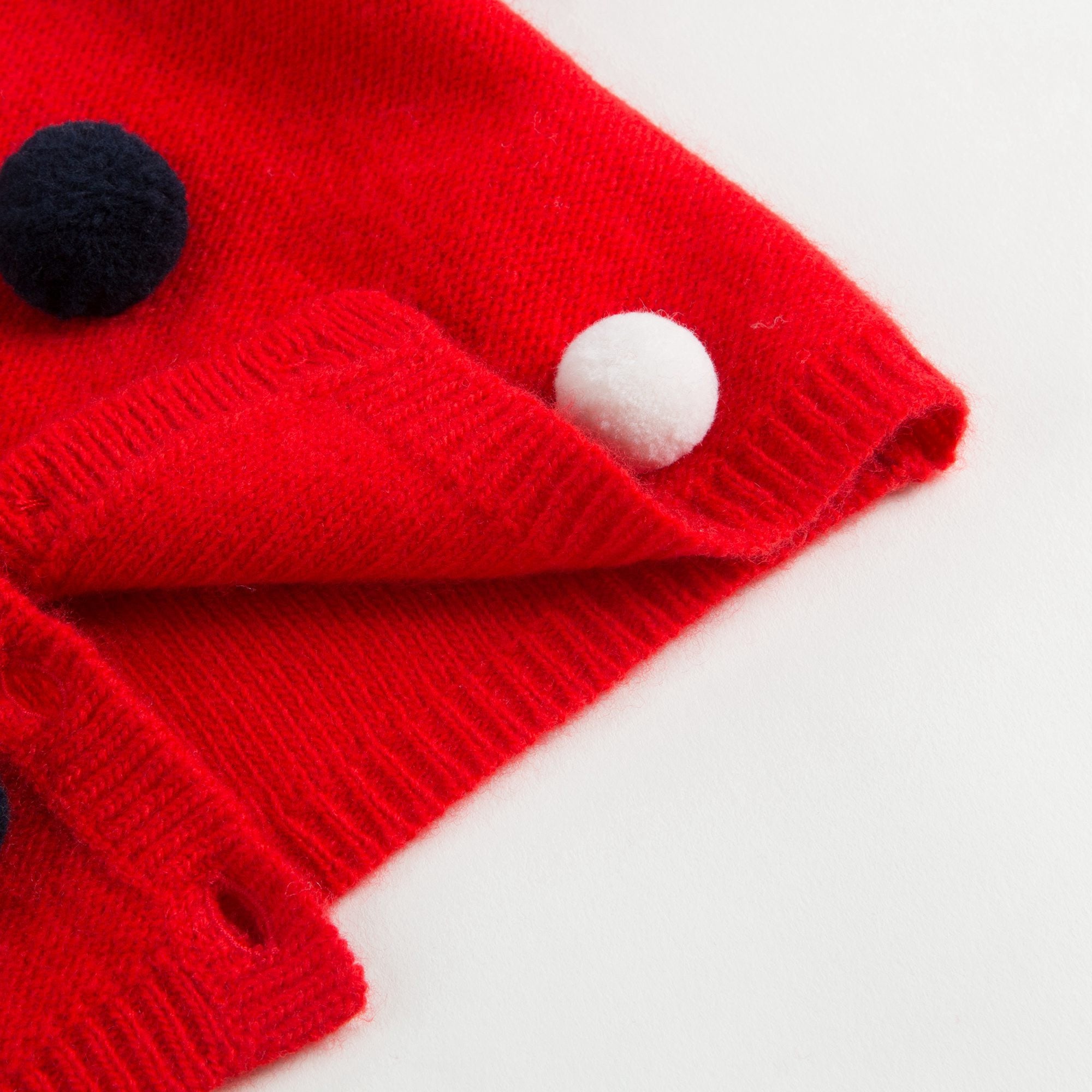 Girls Red Wool Cardigan With Pom-Pom Trims