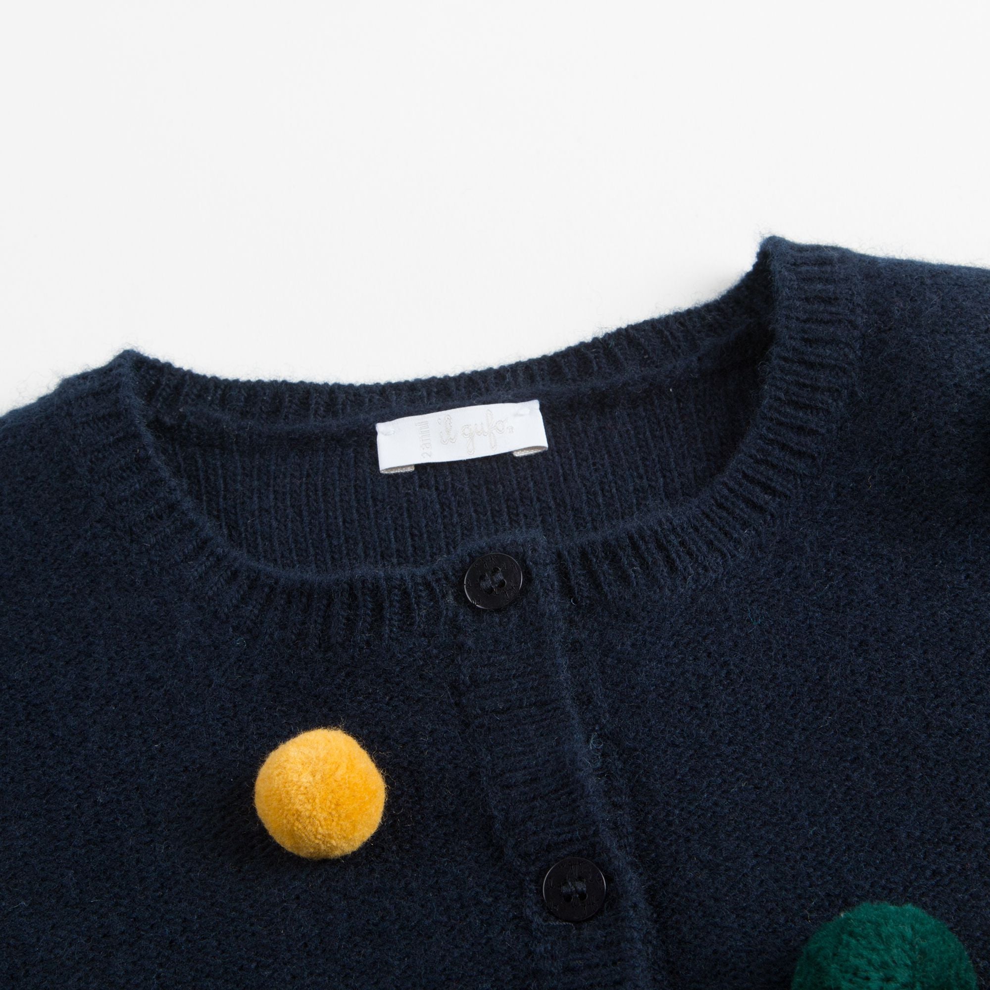Girls Navy Blue Wool Cardigan With Pom-Pom Trims