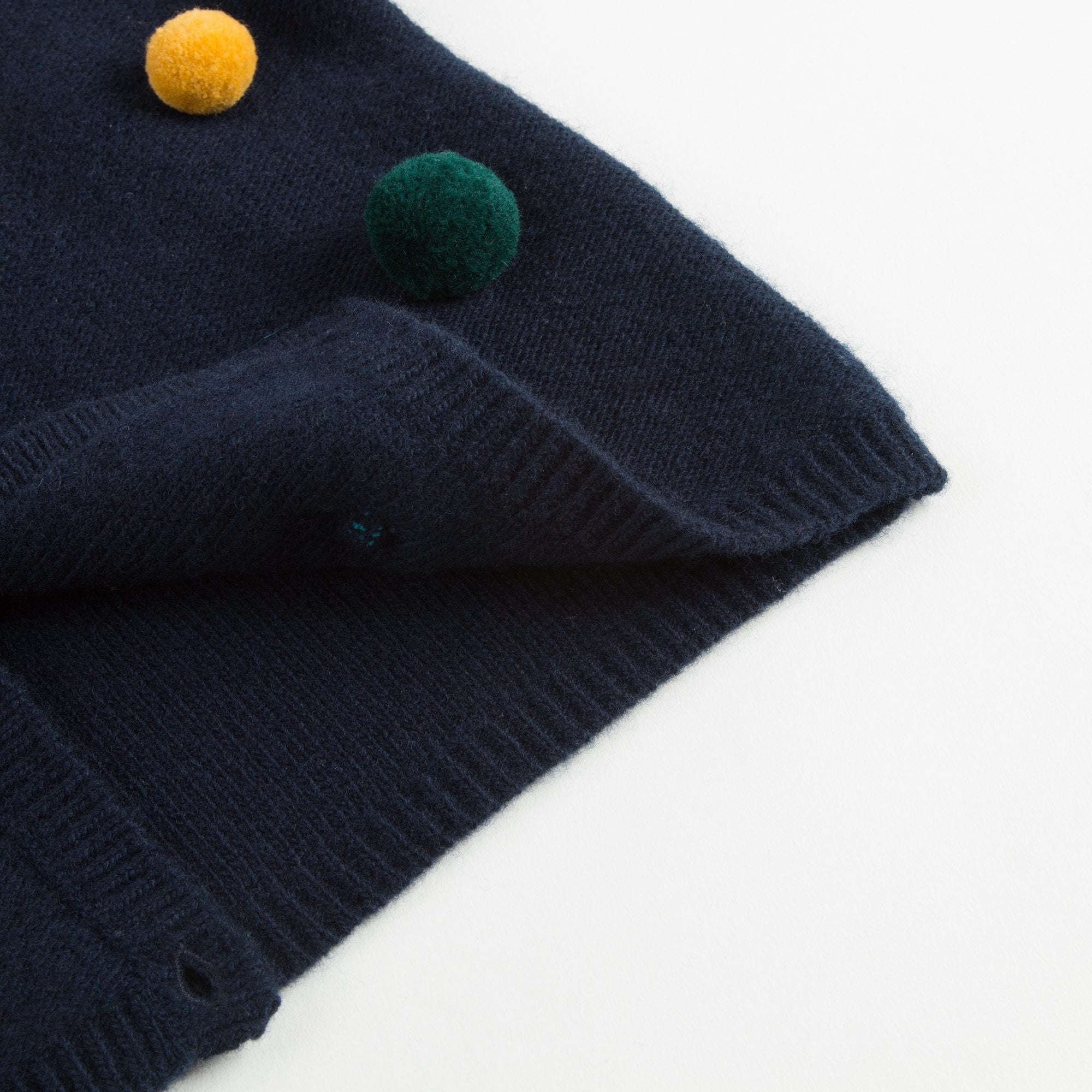 Girls Navy Blue Wool Cardigan With Pom-Pom Trims