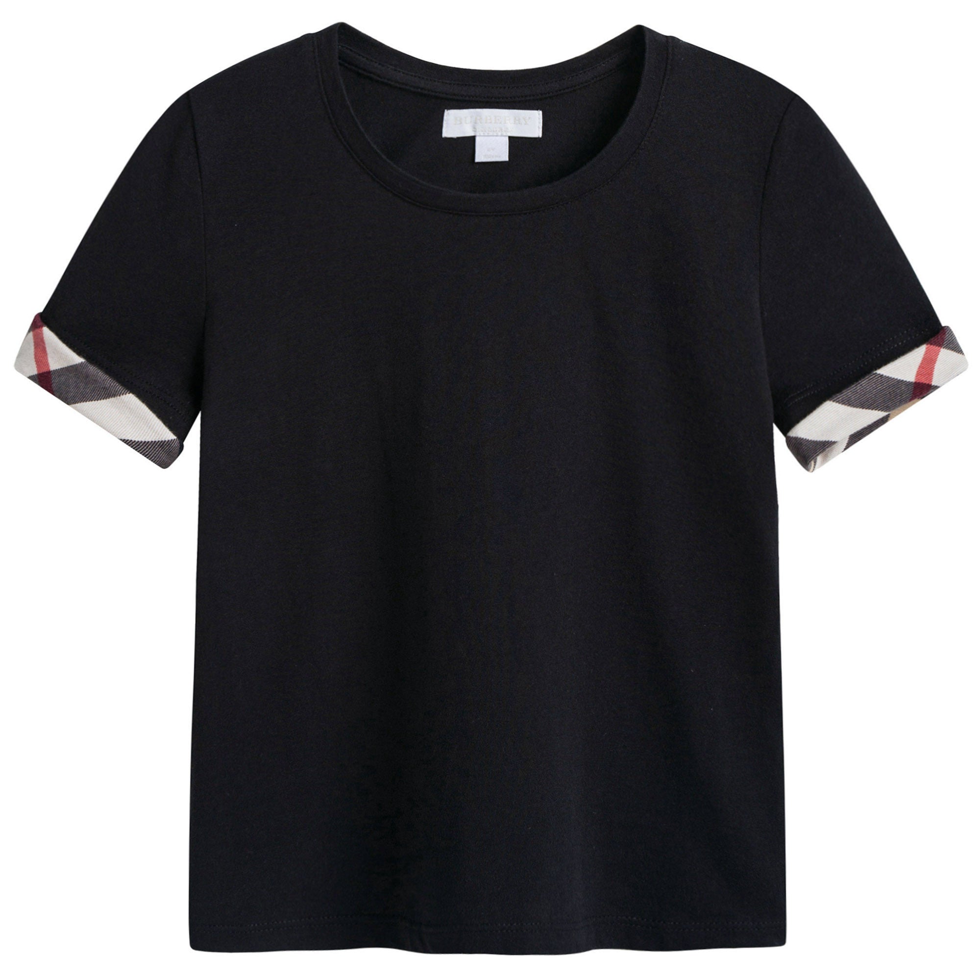 Girls Black Cotton T-shirt With Check Trim