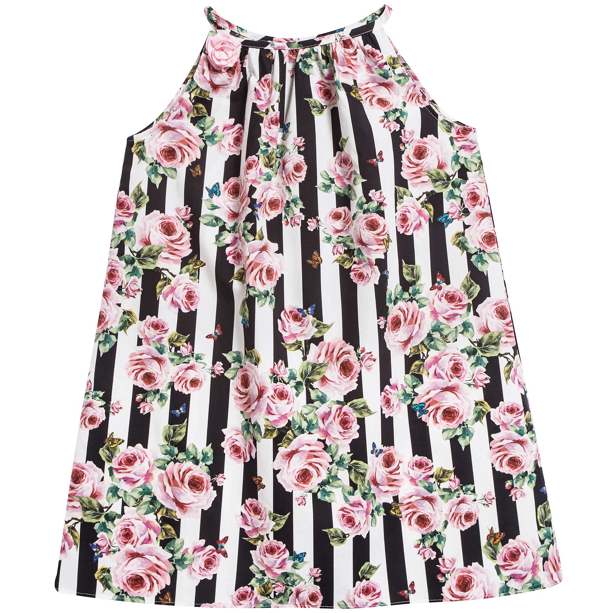 Girls Pink & Black Striped Rose Cotton Dress