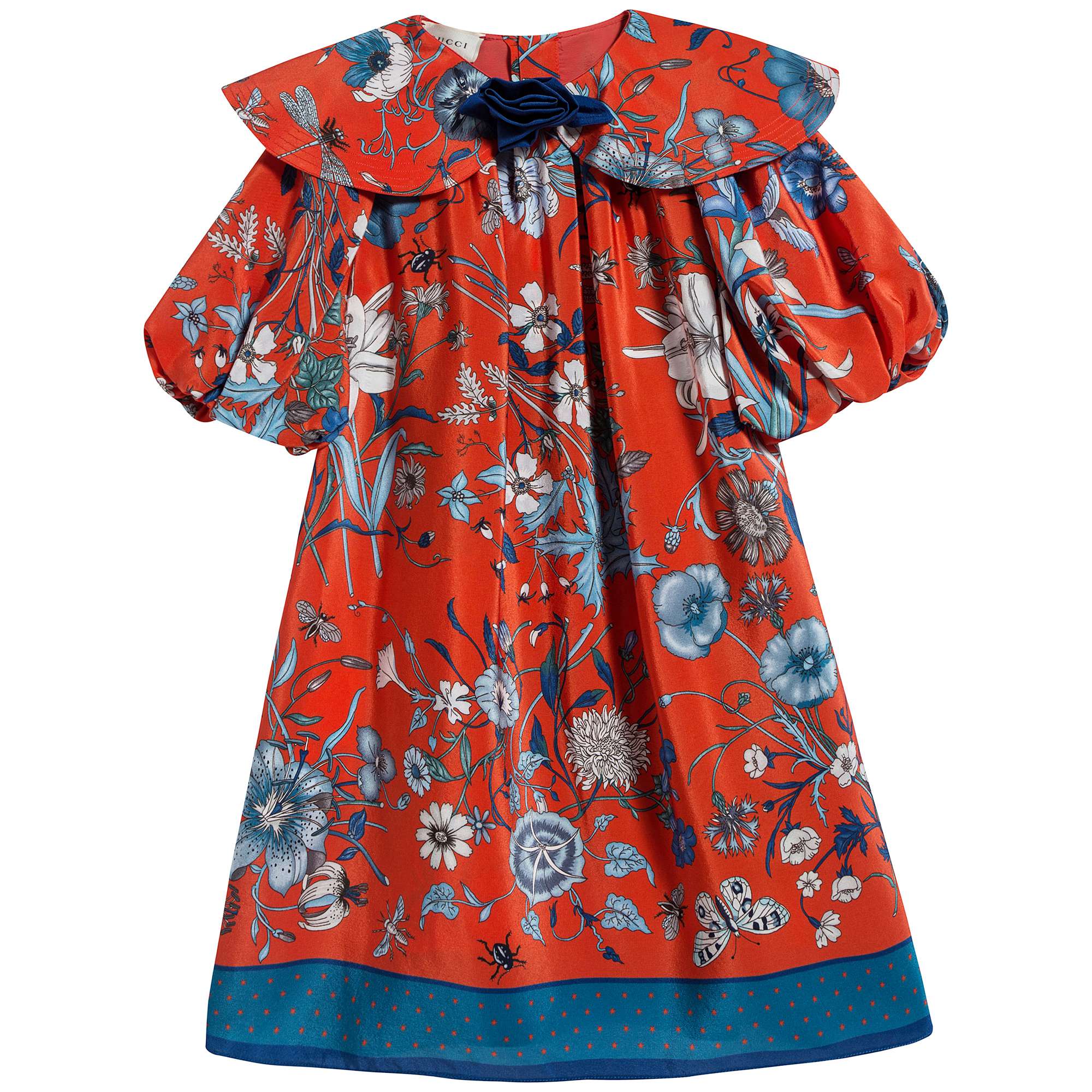Girls Orange Red & Blue Printed Silk Dress