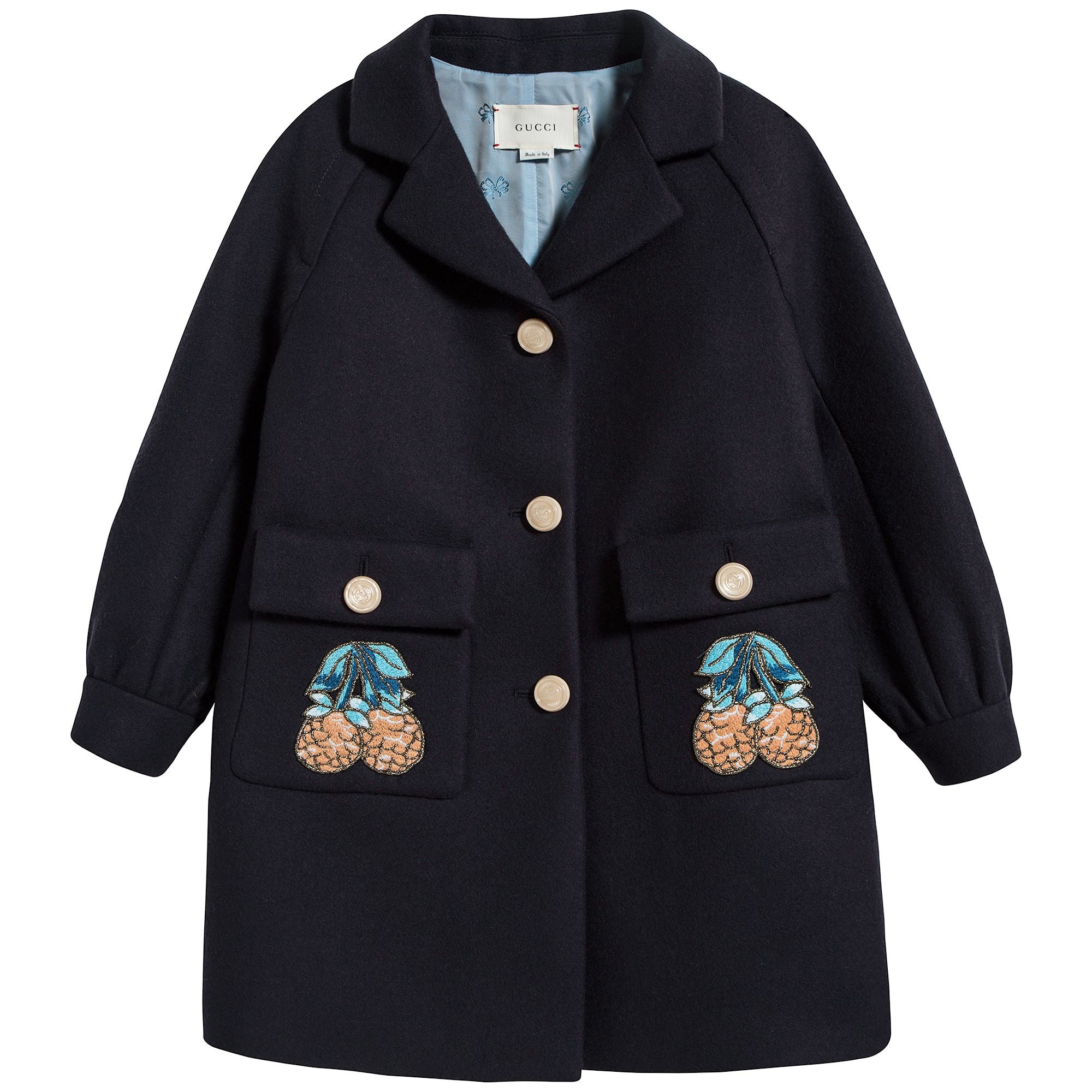 Girls Dark Blue Embroidered Wool Coat