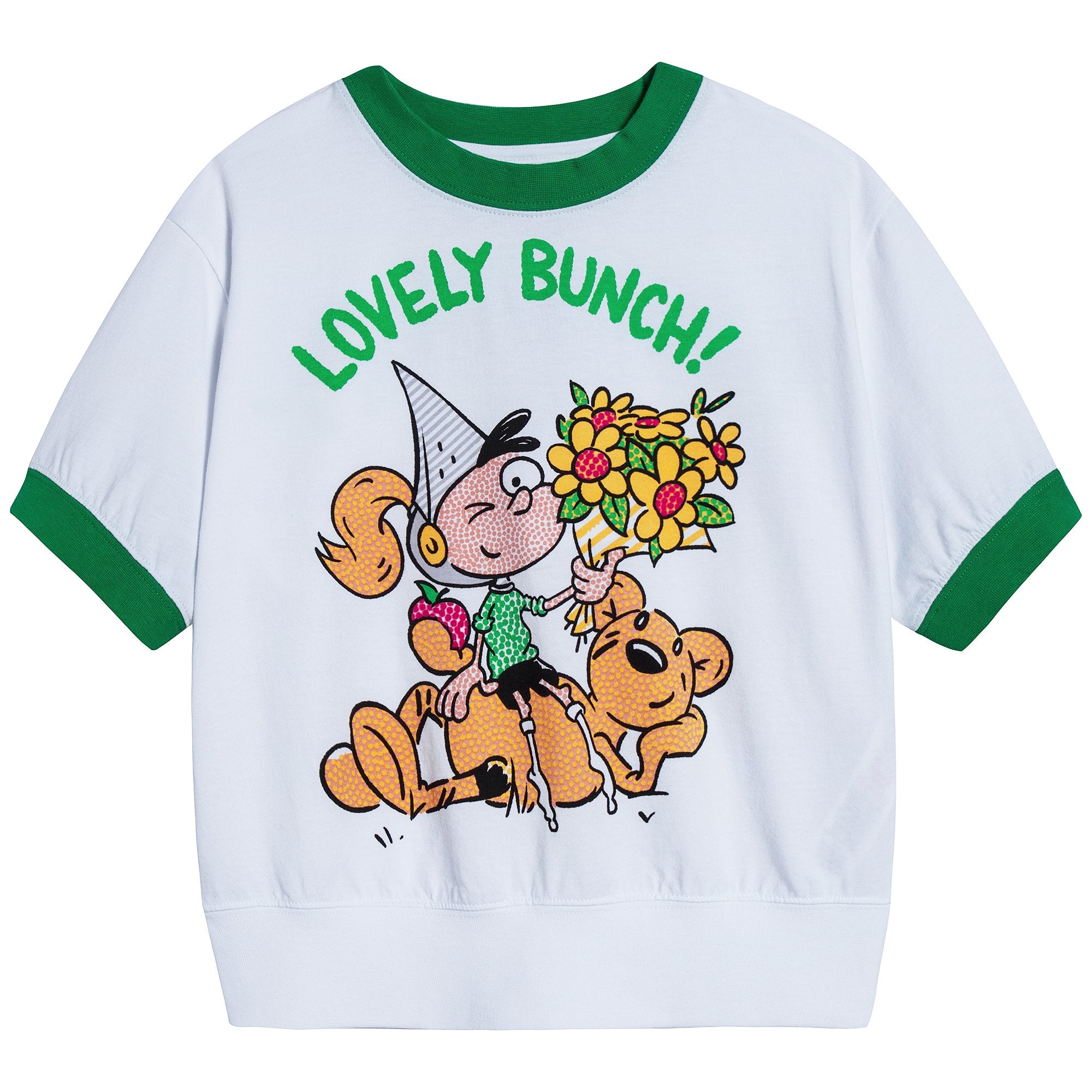 Girls White & Green Cotton T-shirt