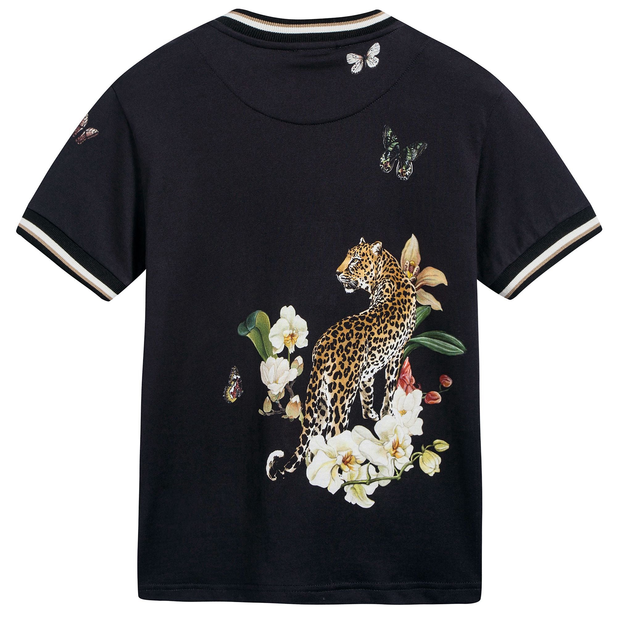 Boys Black "Leopard Printed" Cotton T-shirt