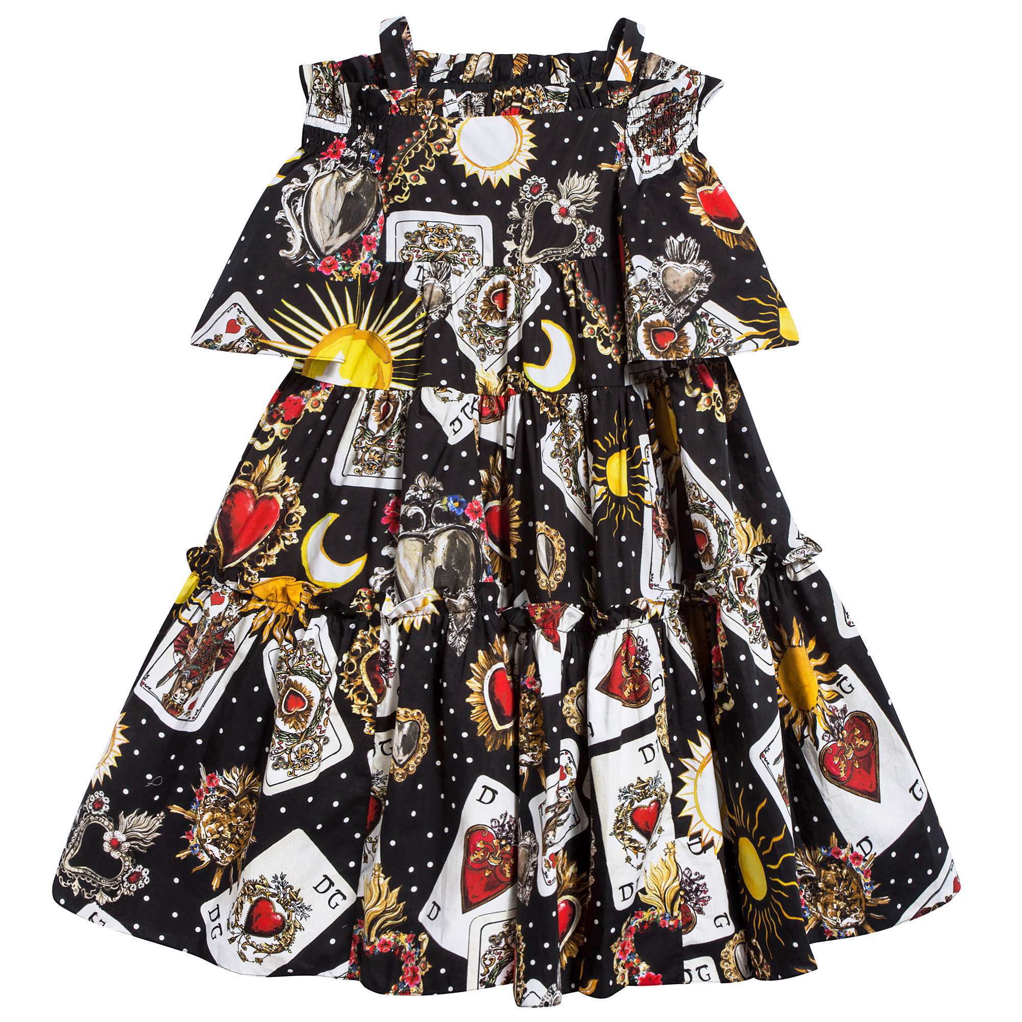 Girls Black “Poker Printed” Cotton Dress