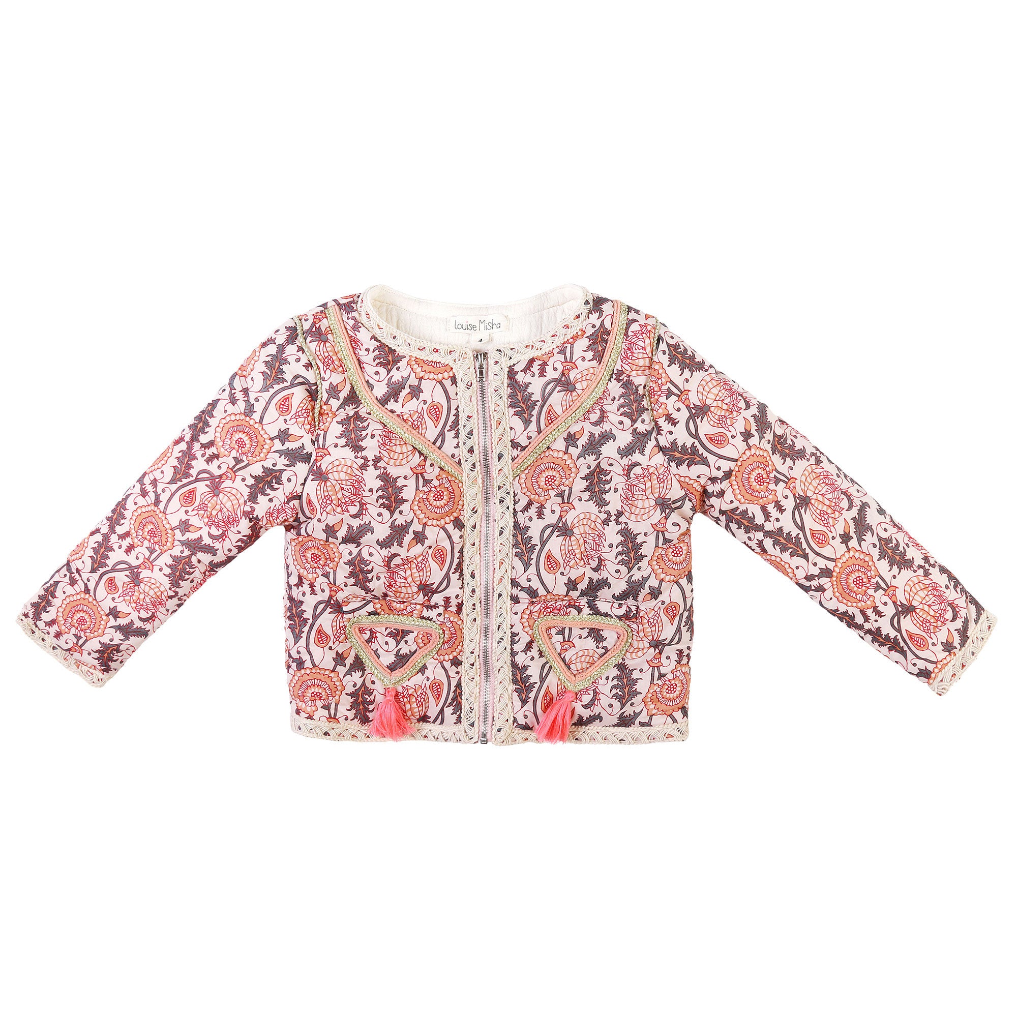 Girls Pink Flower Printed Trims Cotton 'Checjka' Jacket - CÉMAROSE | Children's Fashion Store - 1