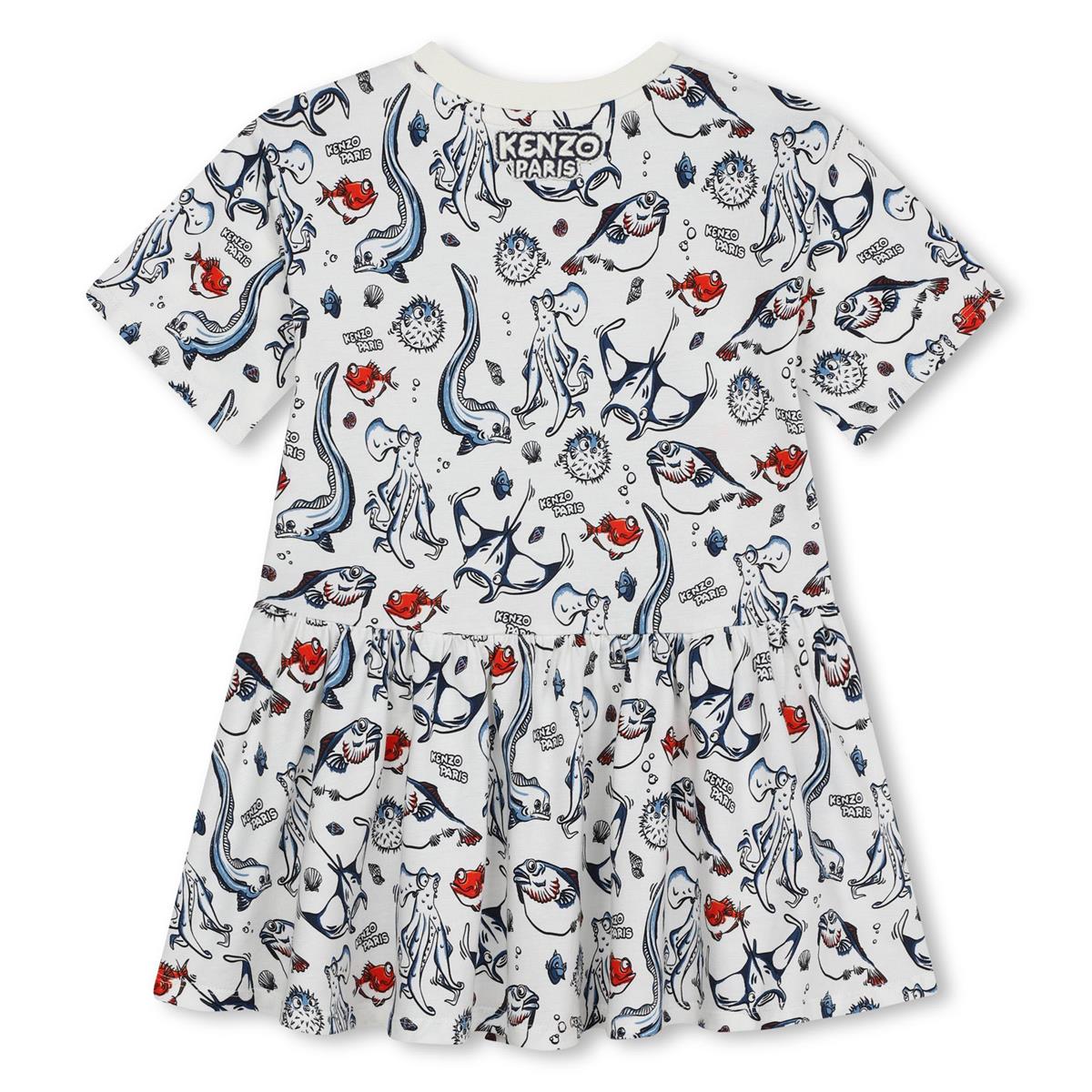 Girls White Printed Cotton Dress