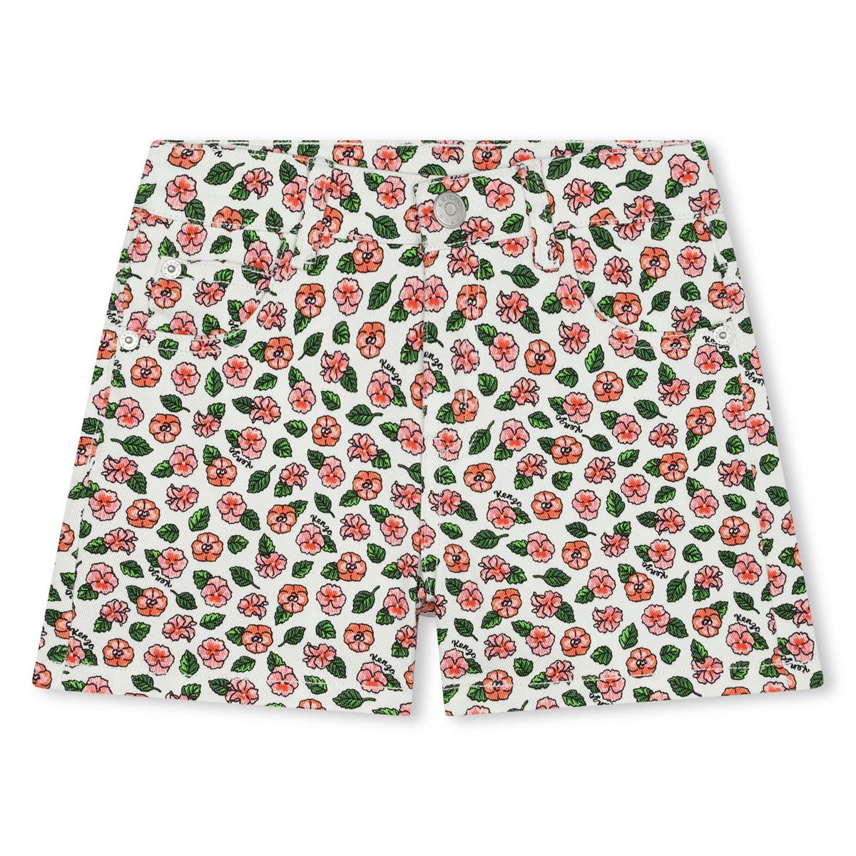 Girls White Flowers Cotton Shorts