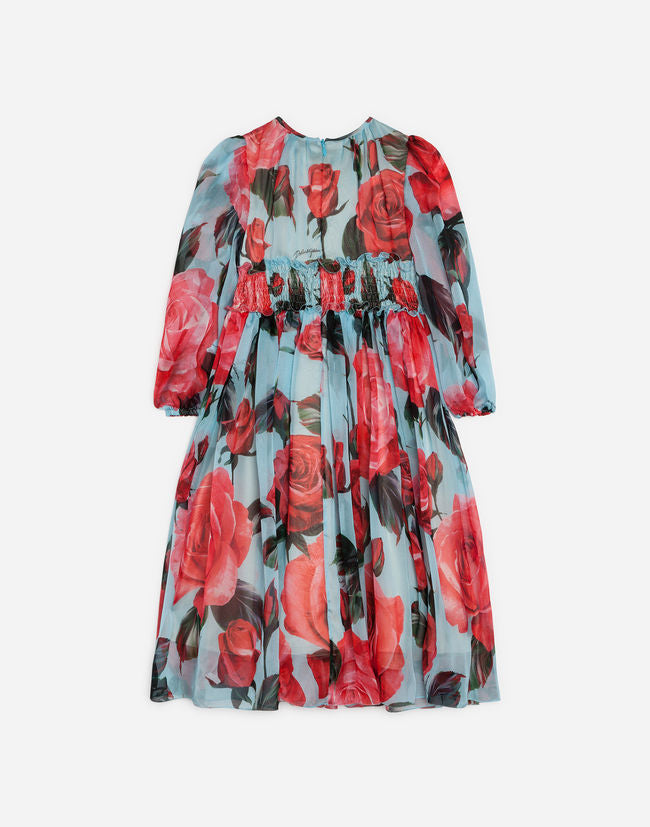 Girls Blue Rose Printed Silk Dress
