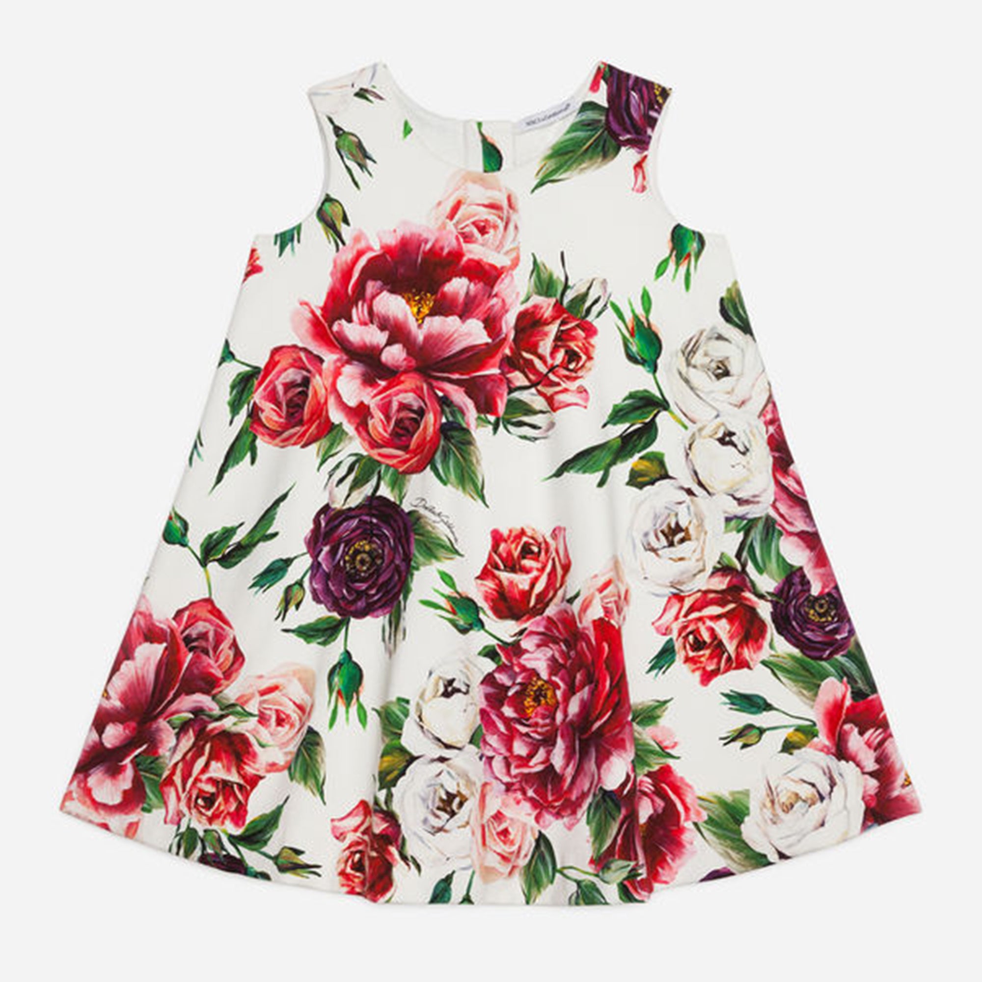 Girls White Flower Printed Cotton Dresss