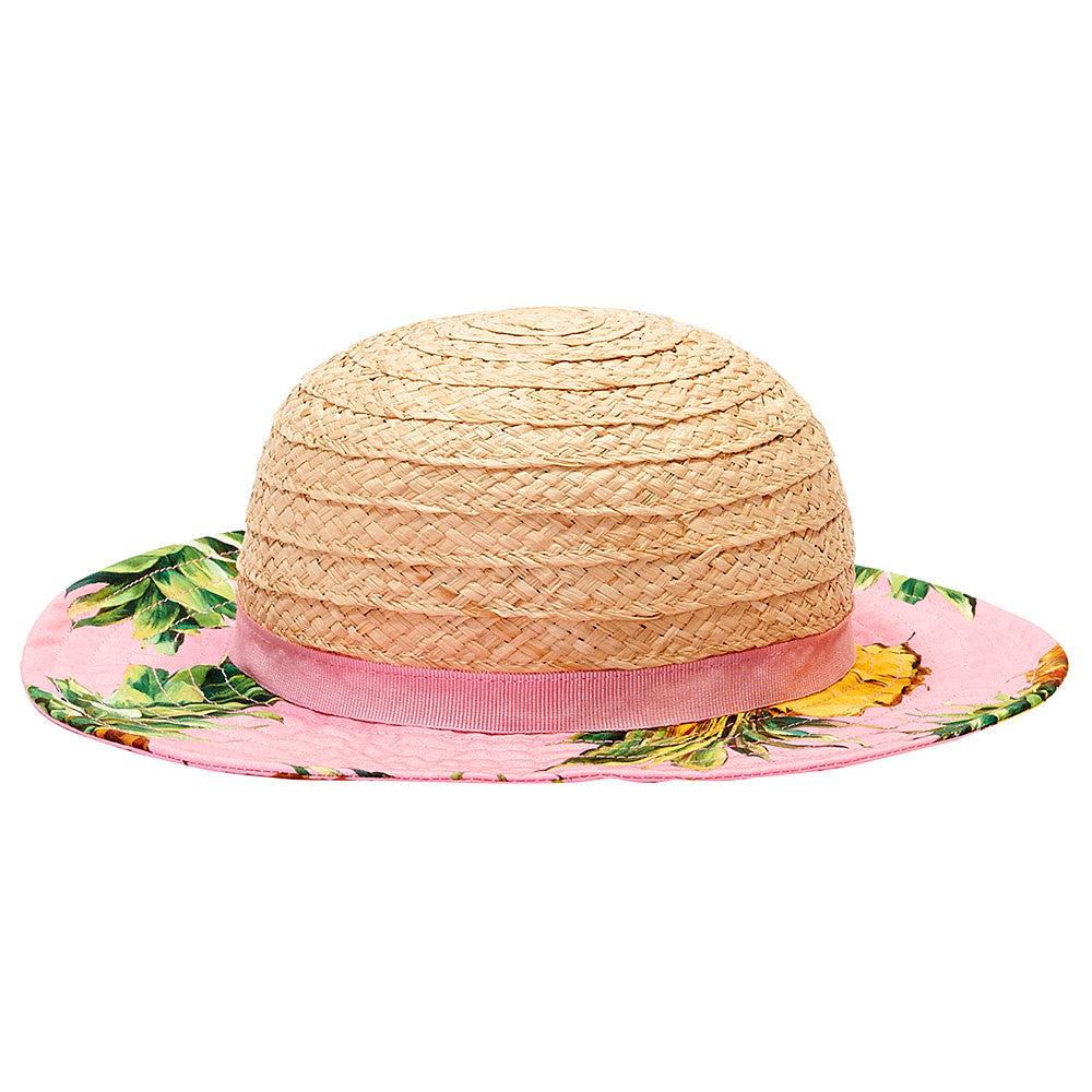 Girls Pink Flower Printed Trims Straw Hat - CÉMAROSE | Children's Fashion Store