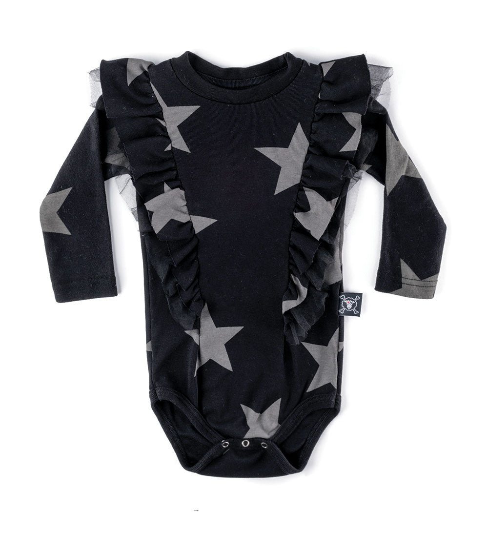 Baby Girls Black Star Ruffled Cotton Babysuit