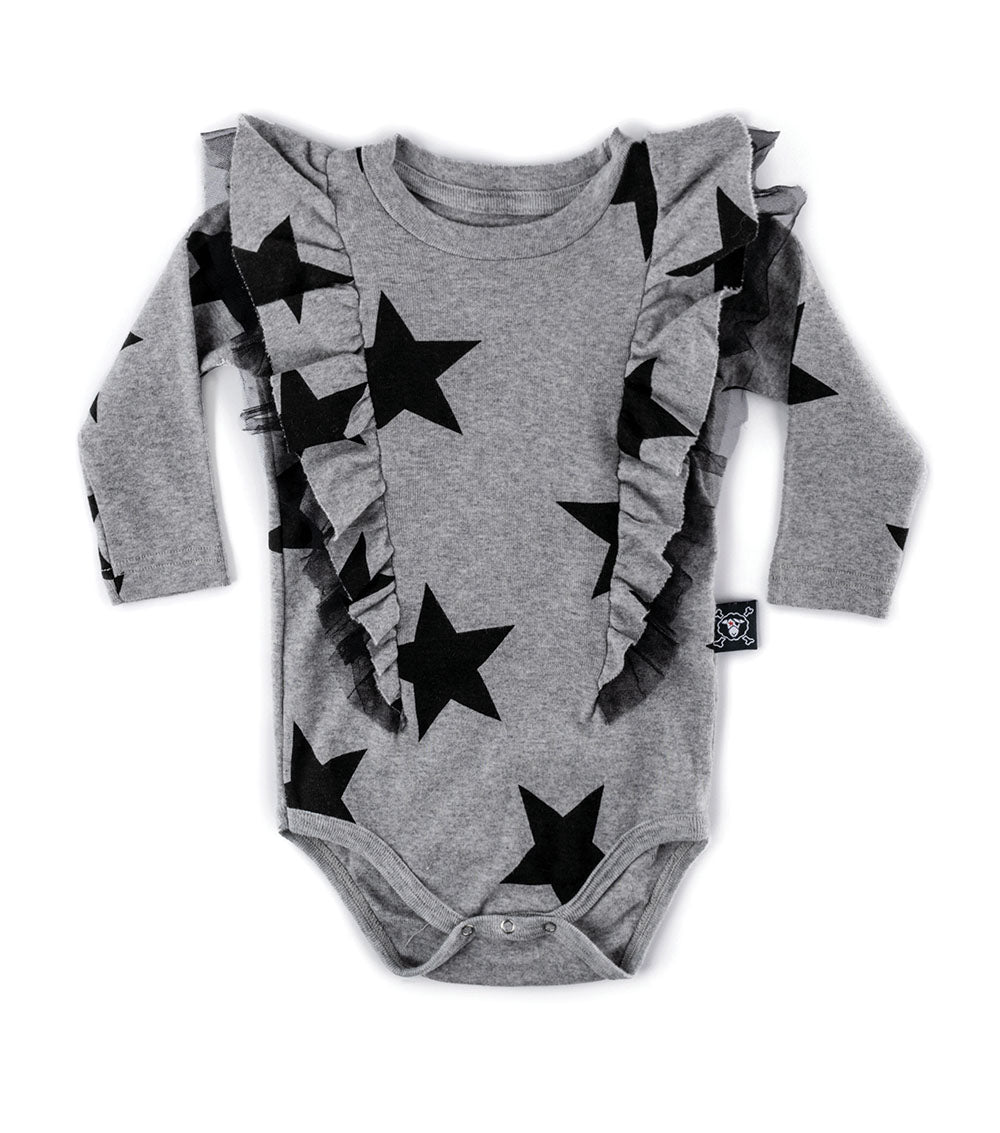 Baby Girls Grey Star Ruffled Cotton Babysuit