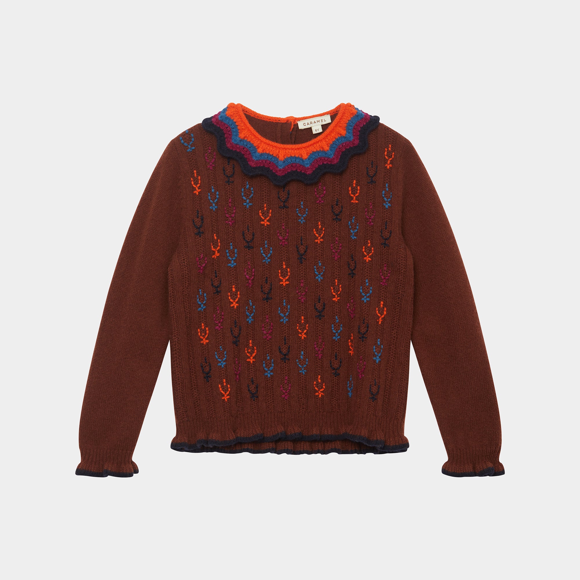 Girls Dark Red Embroidered Wool Sweater