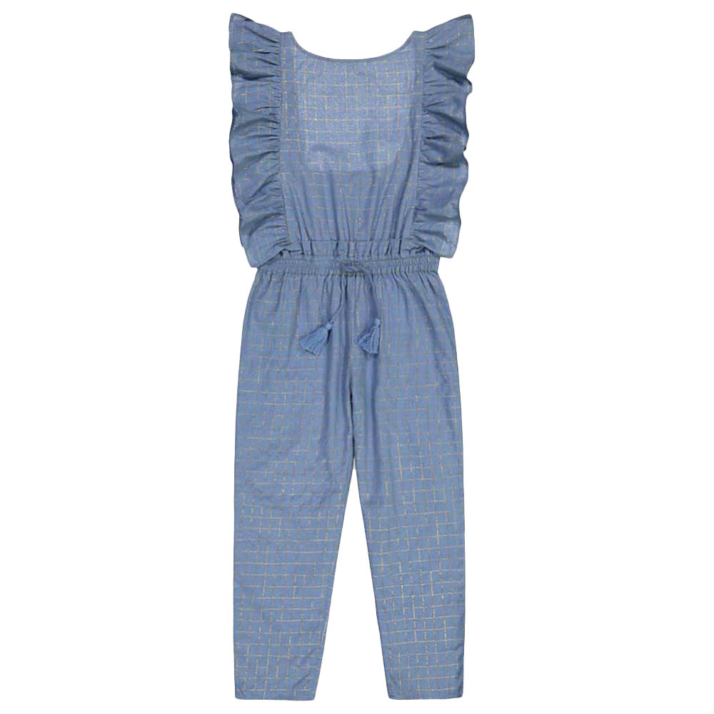 Girls Light Blue Check Gold Lurex Romper