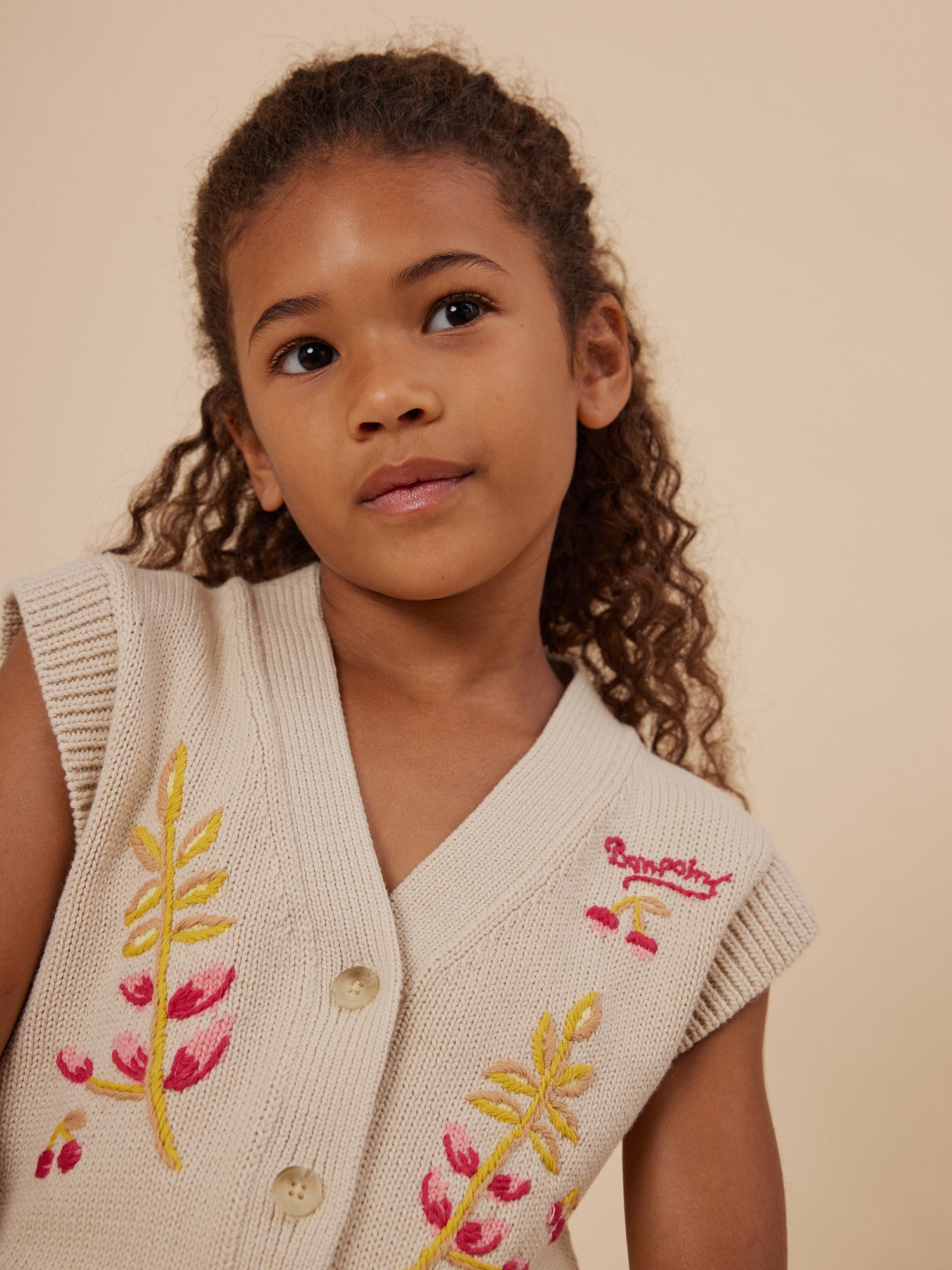 Girls Beige Embroidered Gilet