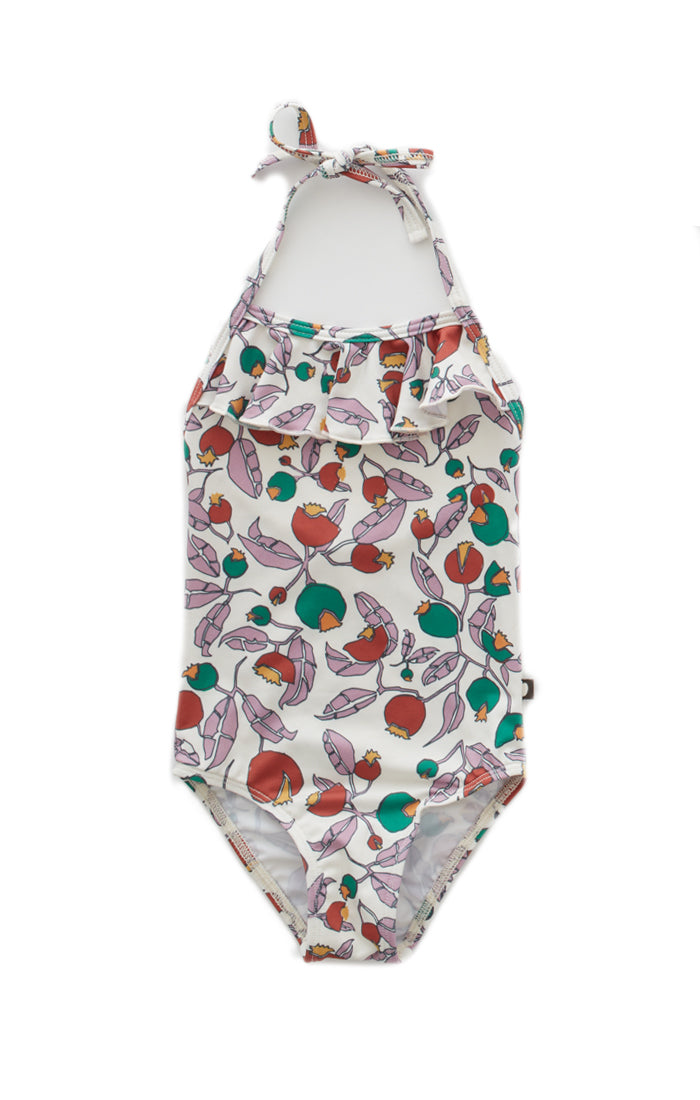 Girls White Flowers Ruffle Halter Swimsuit