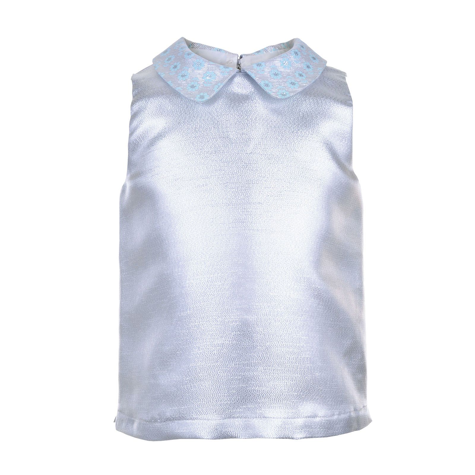 Girls Silver Shell Blouse With Embroidered Mint Blue Collar - CÉMAROSE | Children's Fashion Store - 1