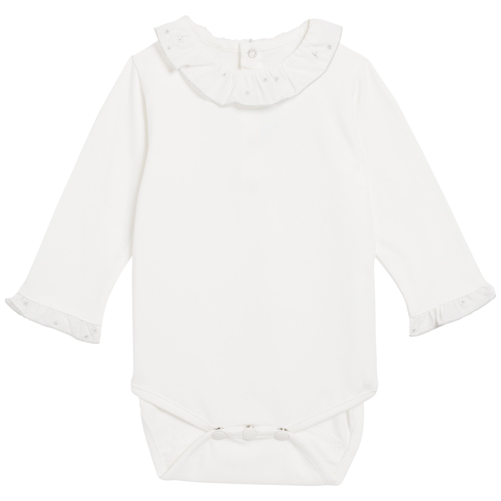 Baby Girls Ivory Ruffled Collar Cotton Bodysuit With Silver Edge - CÉMAROSE | Children's Fashion Store