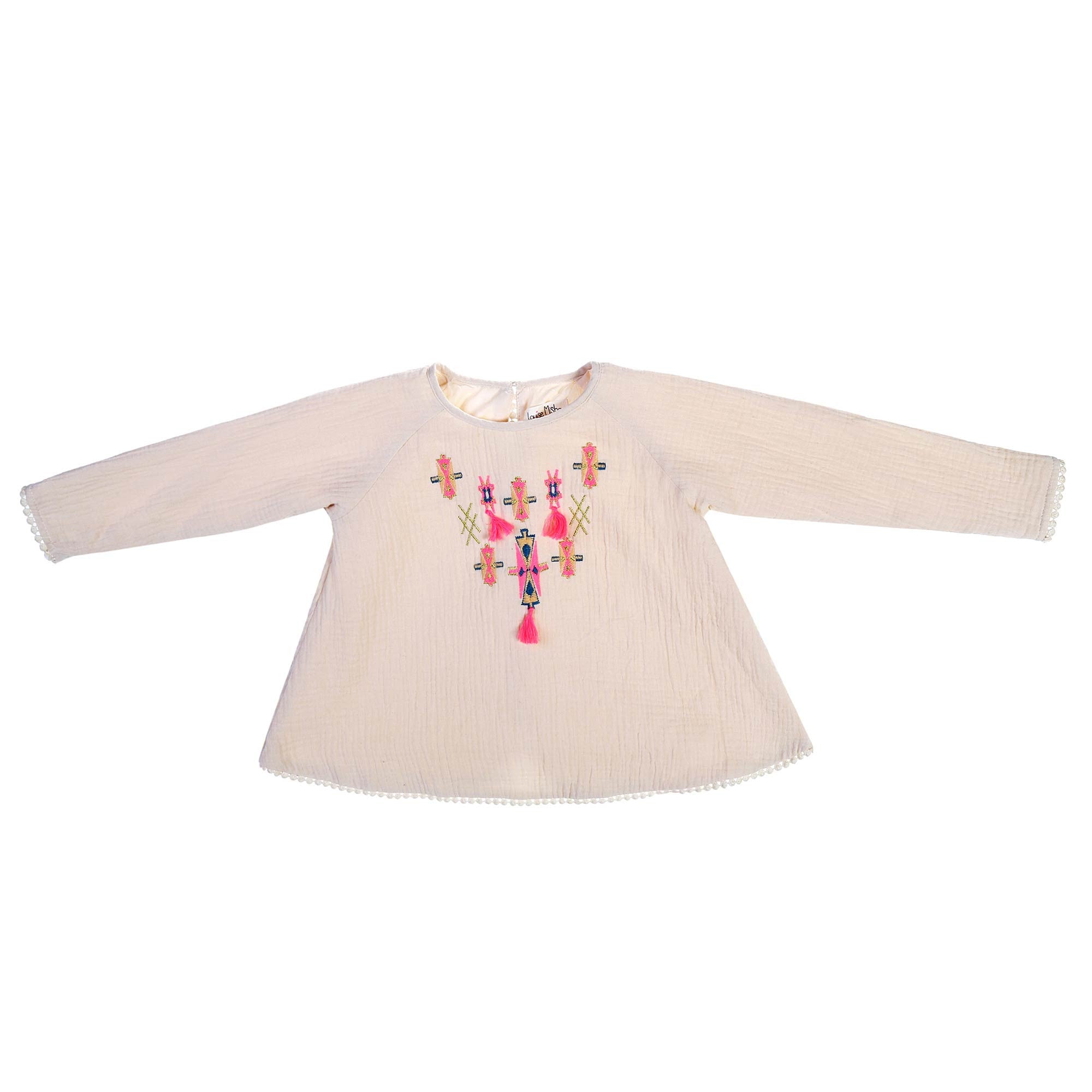 Girls Beige Embroidered Trims Cotton 'Delhi' Blouse - CÉMAROSE | Children's Fashion Store - 1