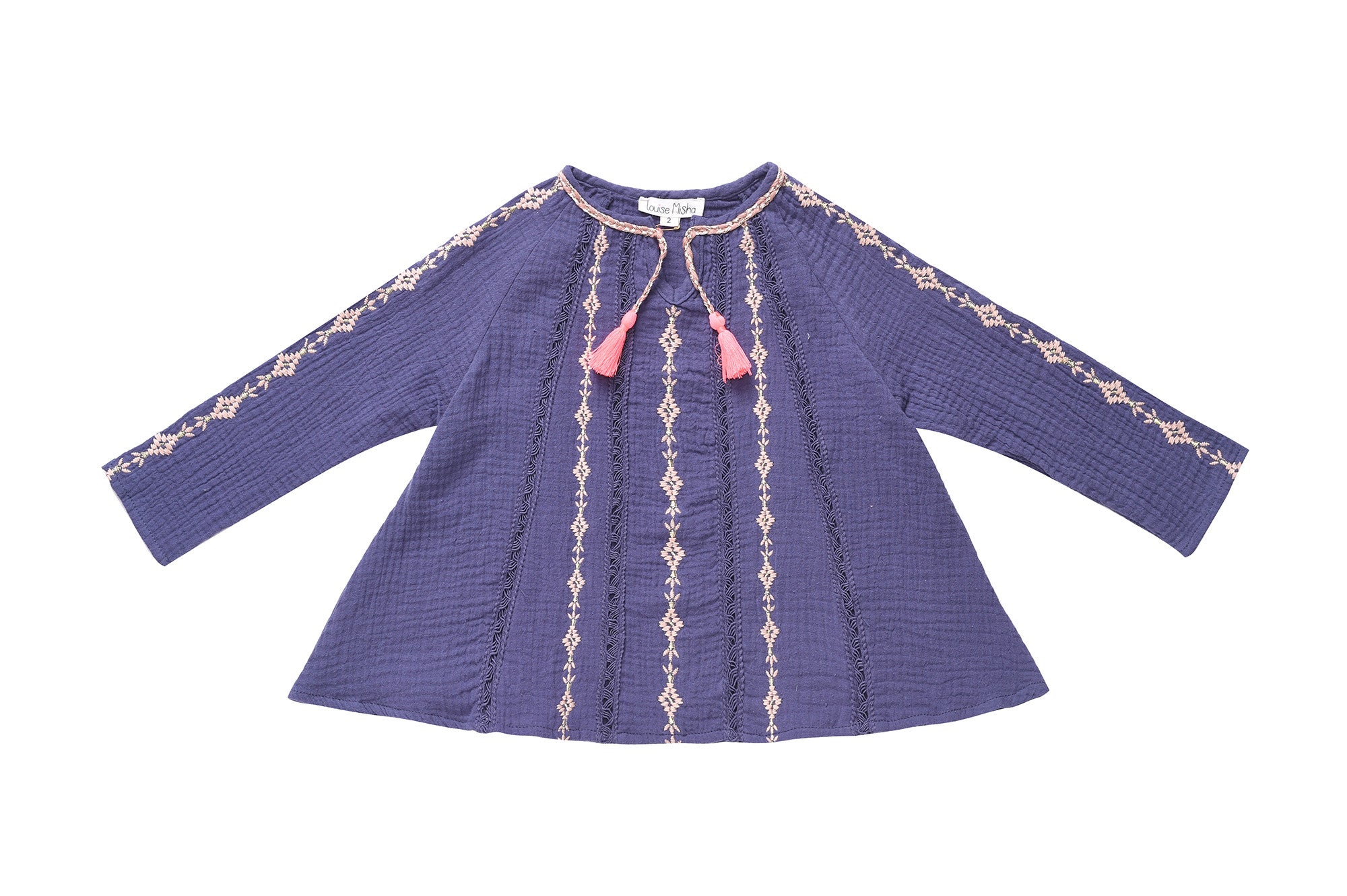 Girls Dark Grey Embroidered Trims Cotton 'Anka' Blouse - CÉMAROSE | Children's Fashion Store - 1