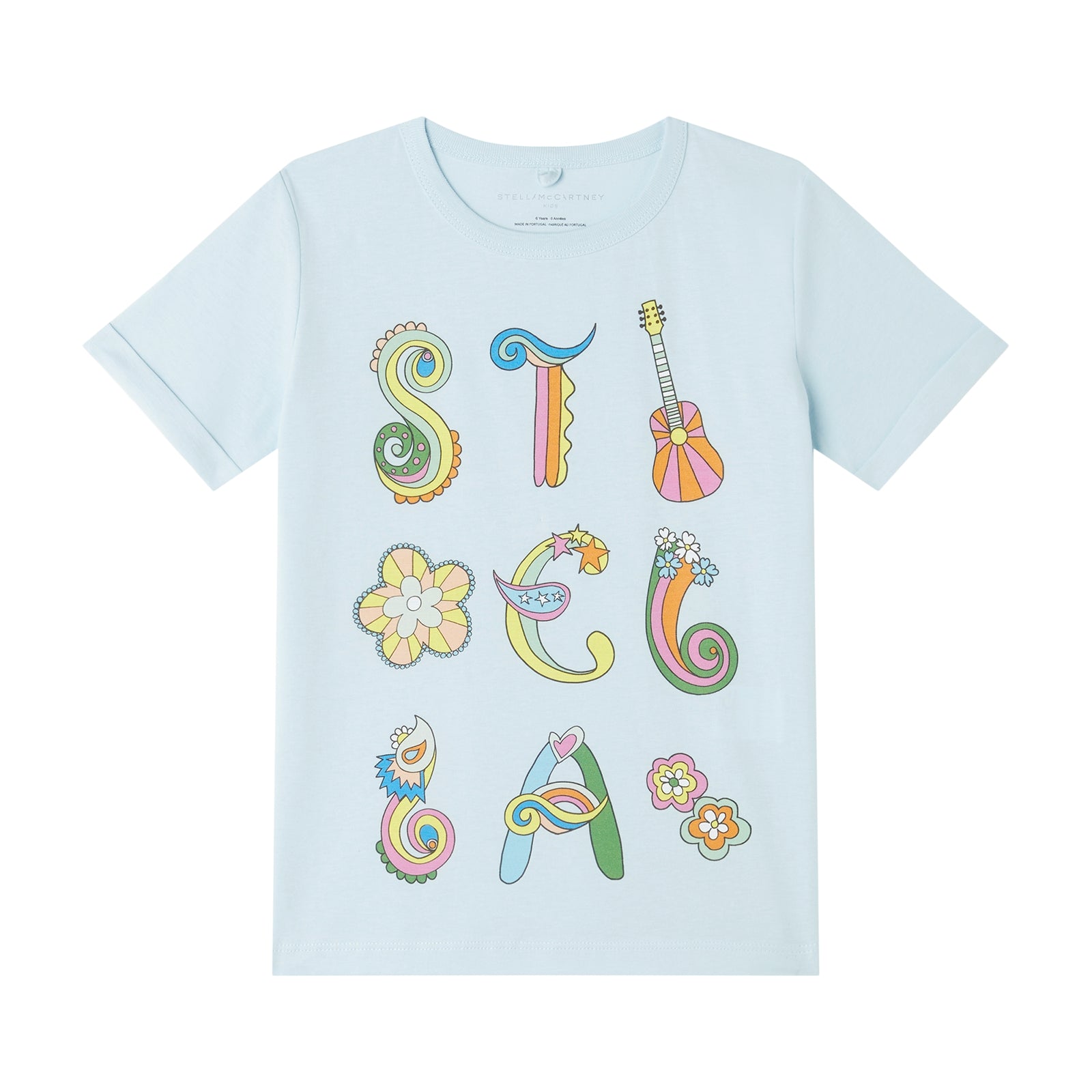 Girls Light Blue Printed Cotton T-Shirt