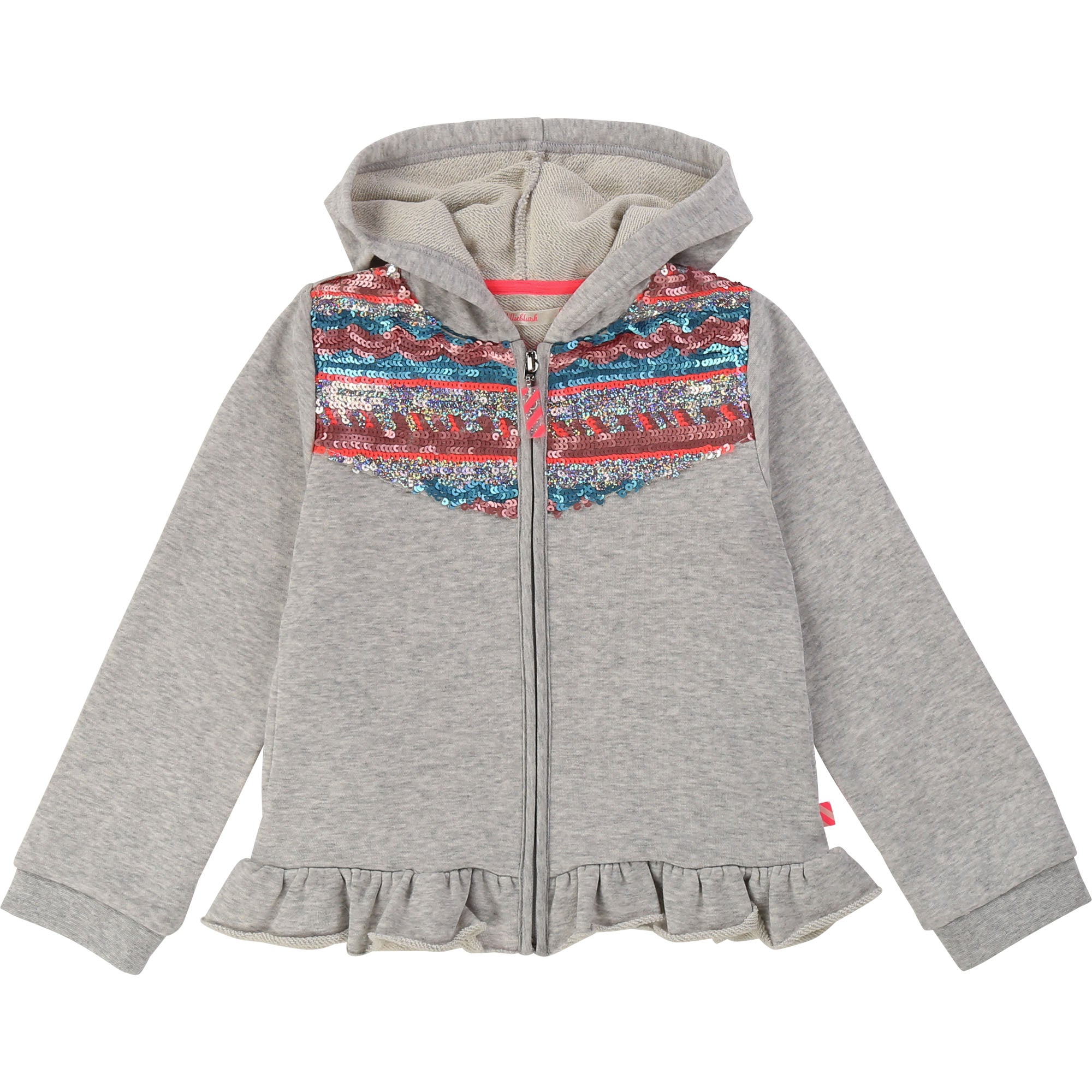 Girls Grey Hooded Frill Cotton Coat