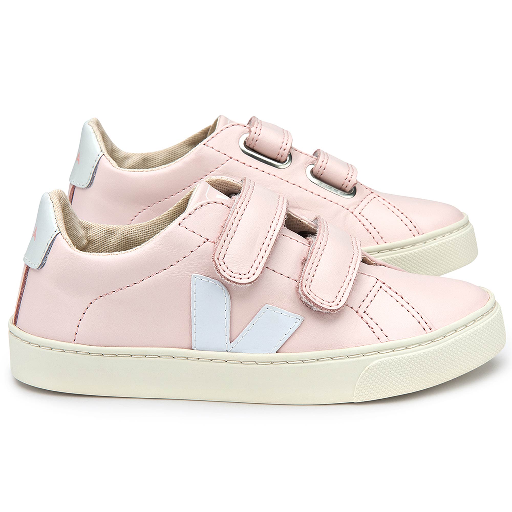 Baby Girls Pink Leather Velcro With White "V" Shoes