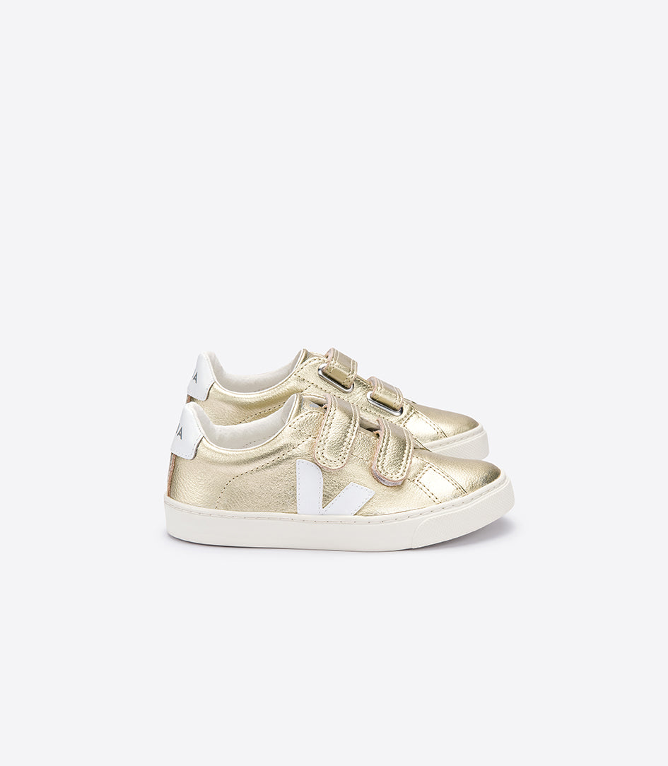 Girls & Boys Gold & White "V" Leather Shoes