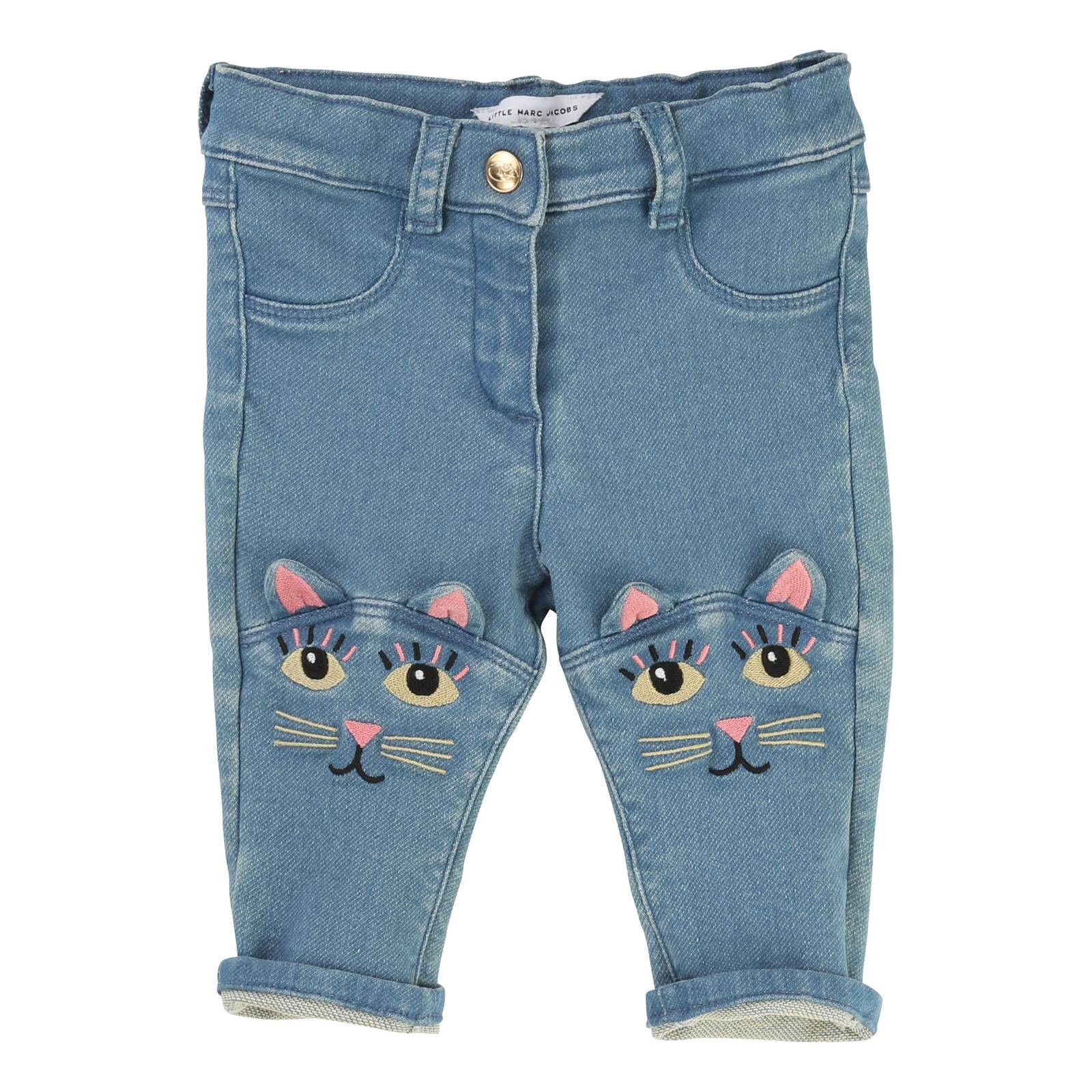 Baby Girls Blue Denim Jeans With Embroidered Cat Trims - CÉMAROSE | Children's Fashion Store