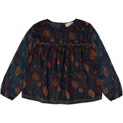 Girls Navy Lndian Flower Cotton Blouser