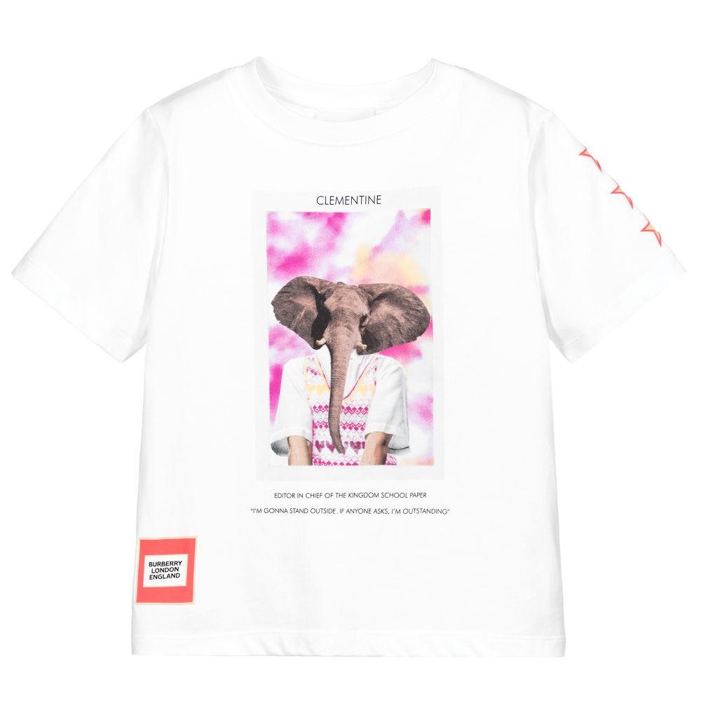 Girls White Elephent Cotton T-Shirt
