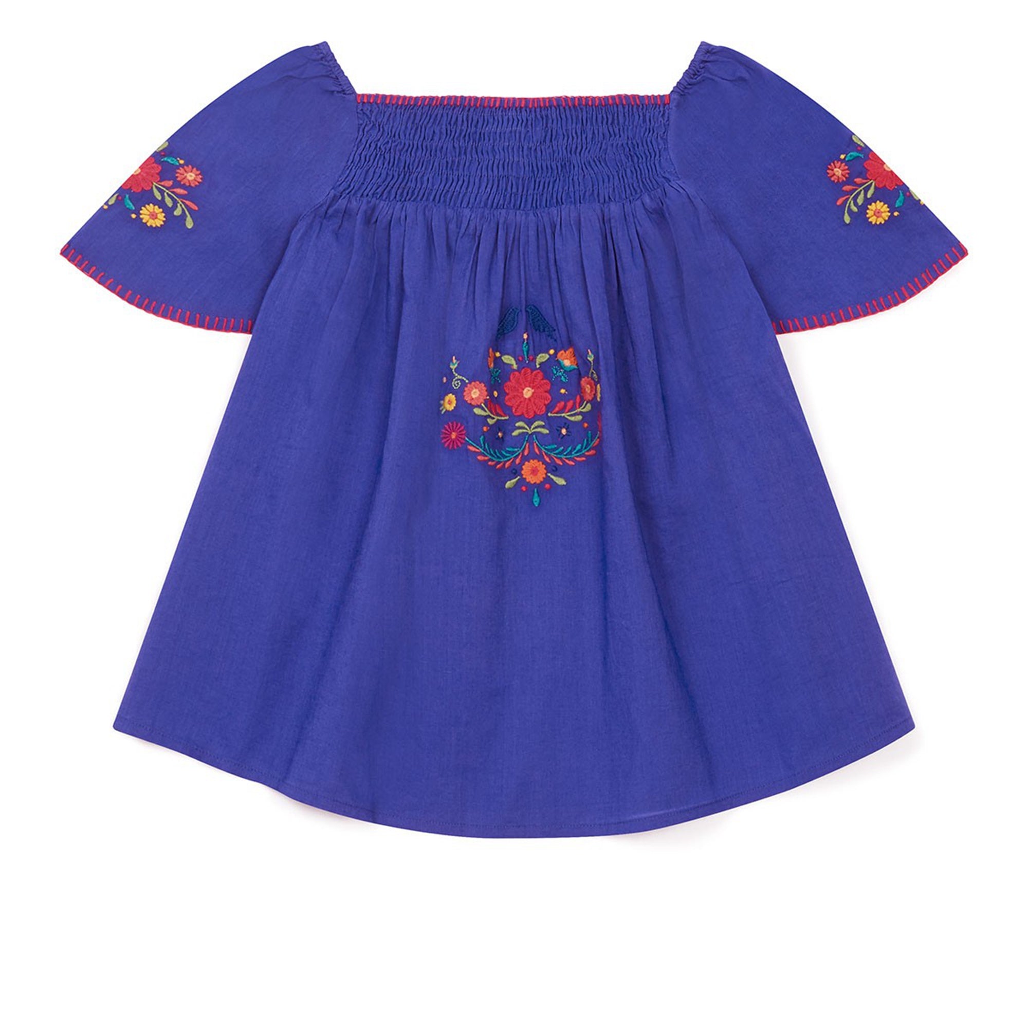 Girls Blue Cotton Embroidered Blouse